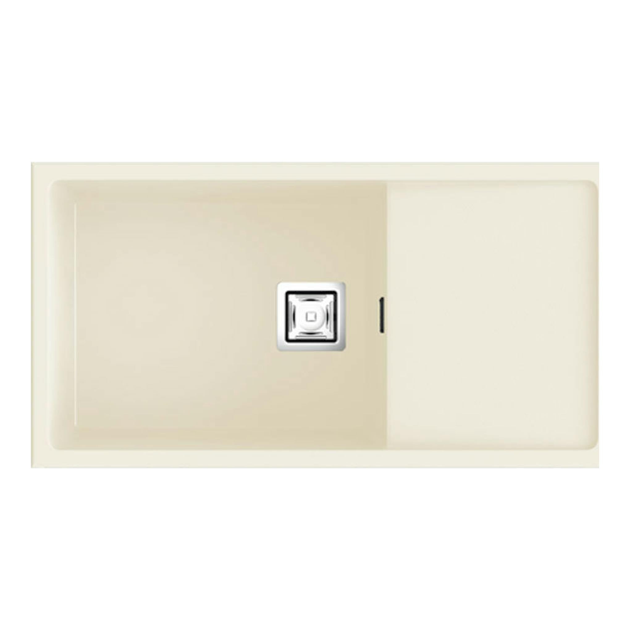 Fregadero Poalgi Zie 81 1/S+E pergamón mate, vista cenital, rectangular beige con escurridor y desagüe central.