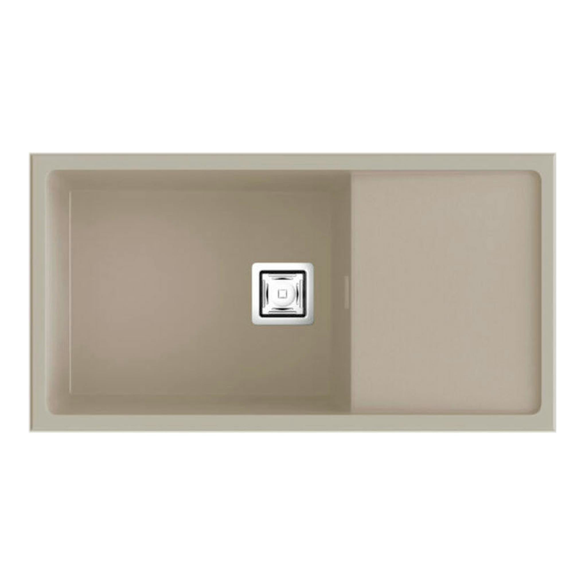 Fregadero Poalgi Zie 81 1/S+E, vista superior, beige pumice, con una cubeta y escurridor a la derecha.