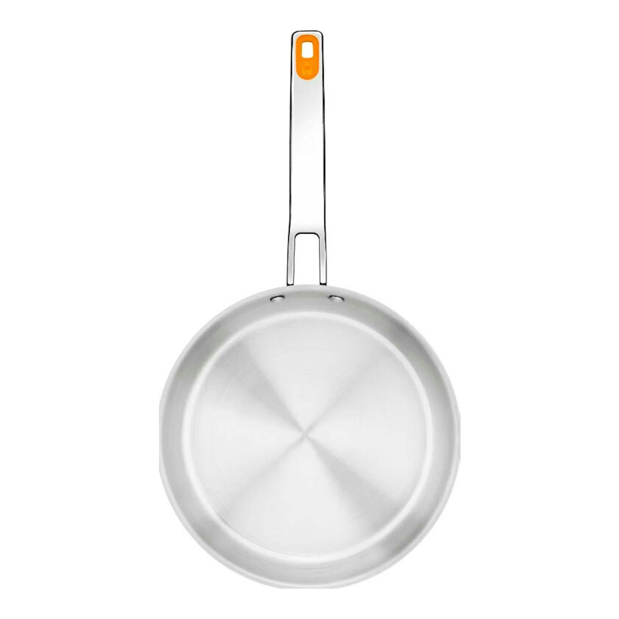 Sartén Bra Efficient de acero inoxidable de 20 cm, vista cenital, con mango largo y detalle naranja.