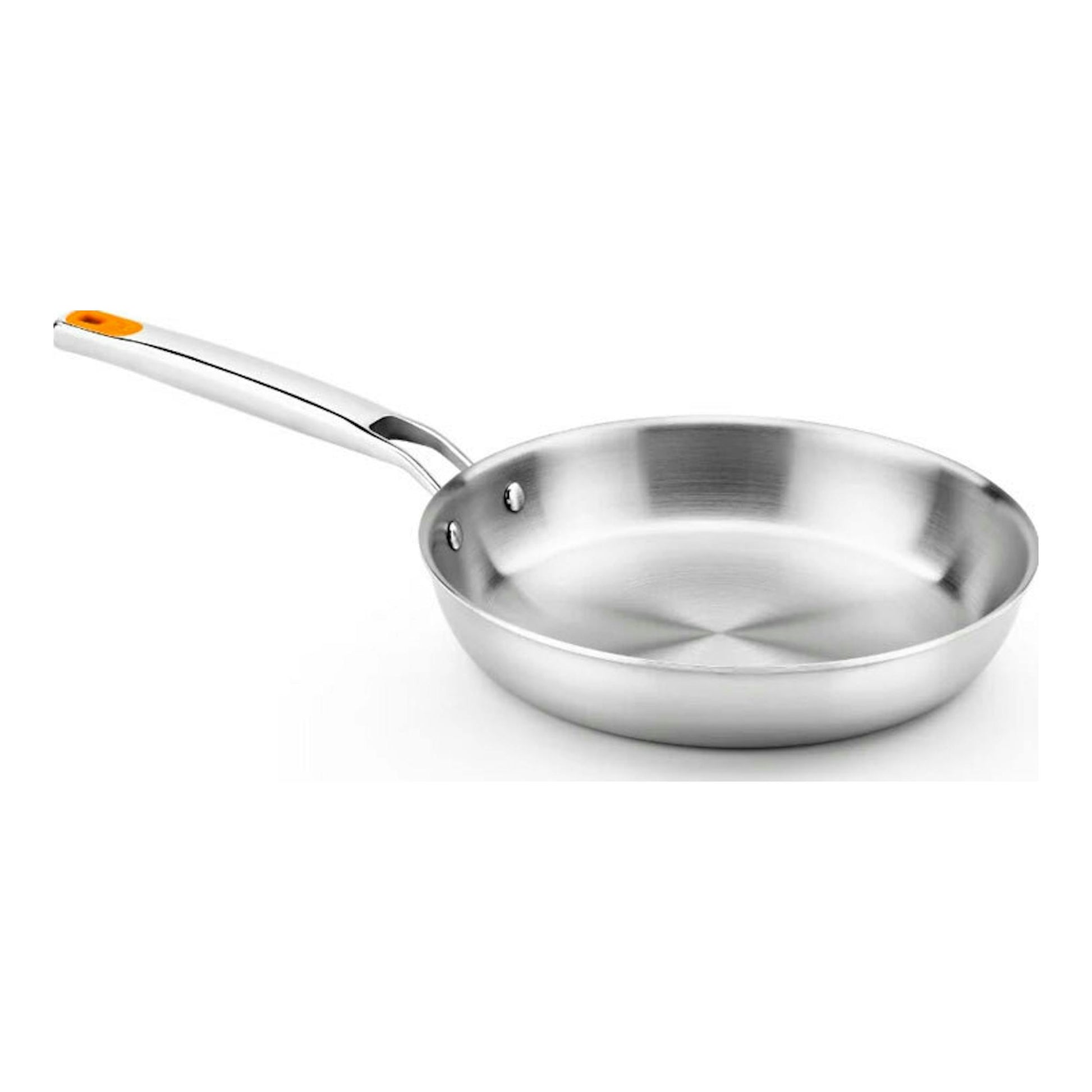 Sartén Bra Efficient de acero inoxidable, 24 cm, vista lateral, con mango largo plateado y detalle naranja.