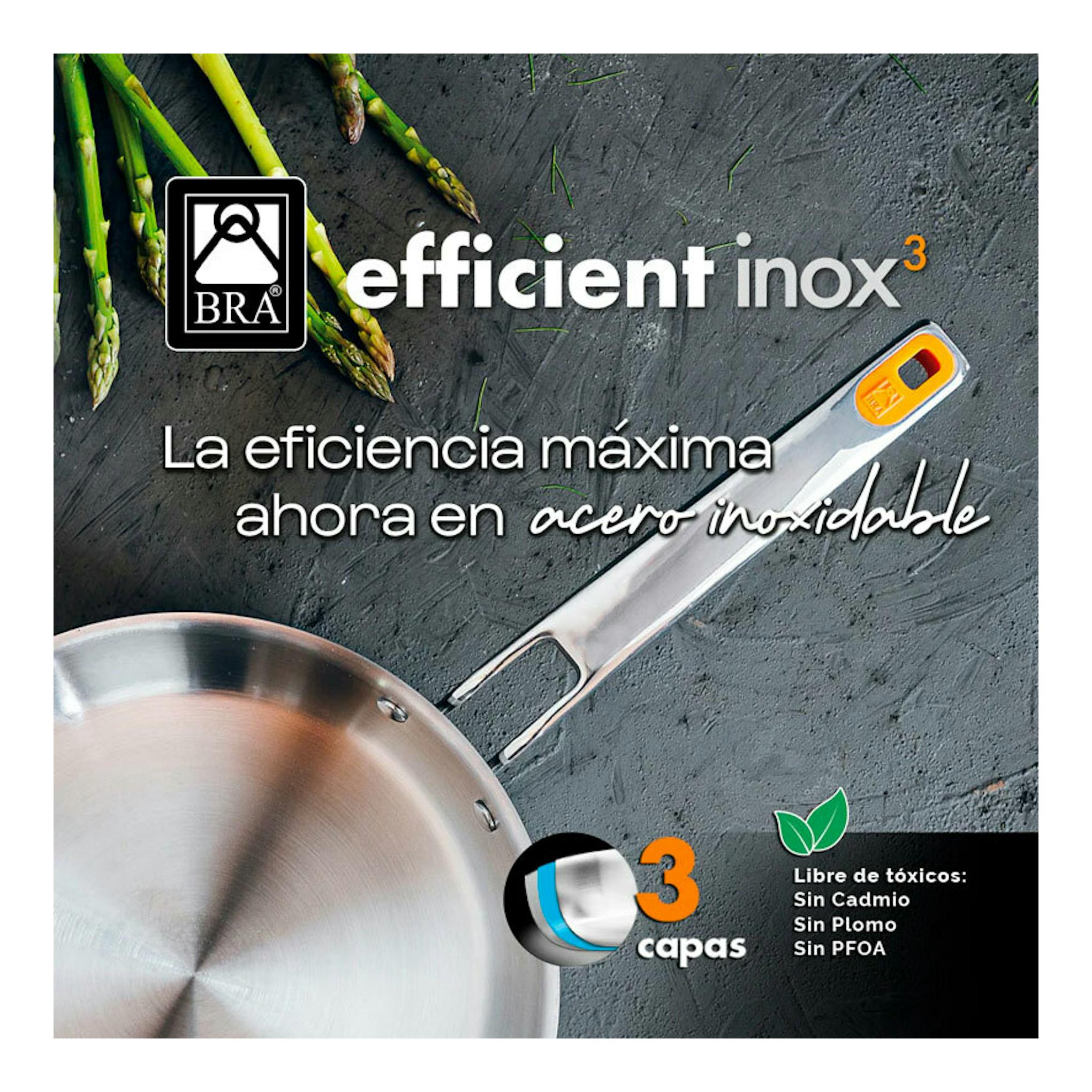 Sartén BRA Efficient Inox 24 cm de acero inoxidable, vista parcial con mango sobre fondo oscuro.