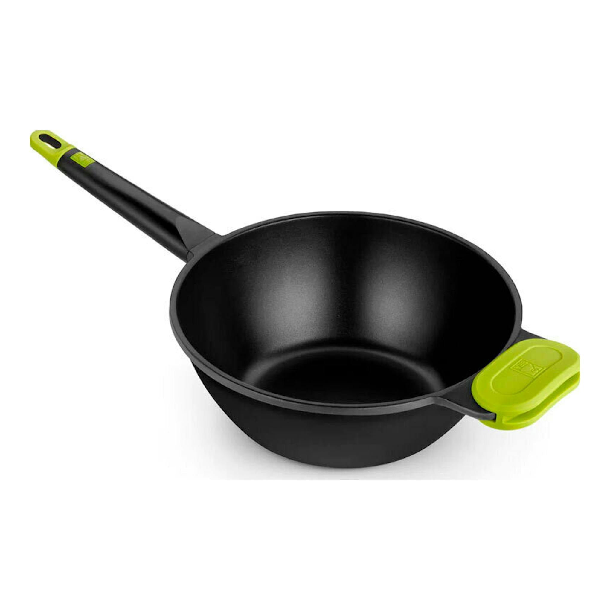 Wok Bra Foodie negro de 28 cm con mango largo y asa lateral verde, vista en ángulo sobre fondo blanco.