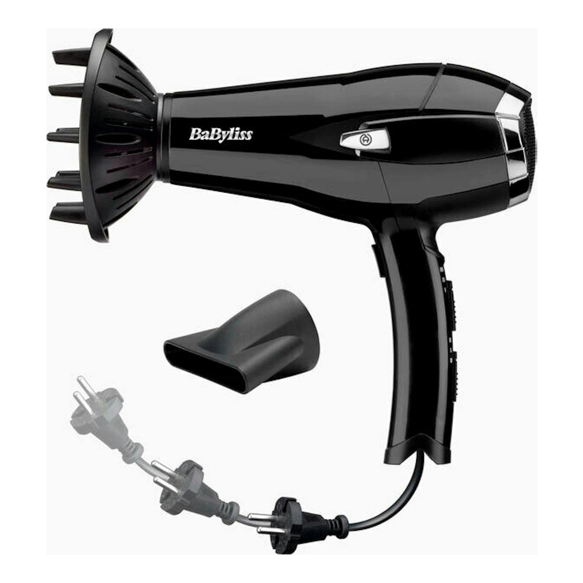 Secador Babyliss D374DE negro, vista lateral, con difusor y boquilla concentradora.