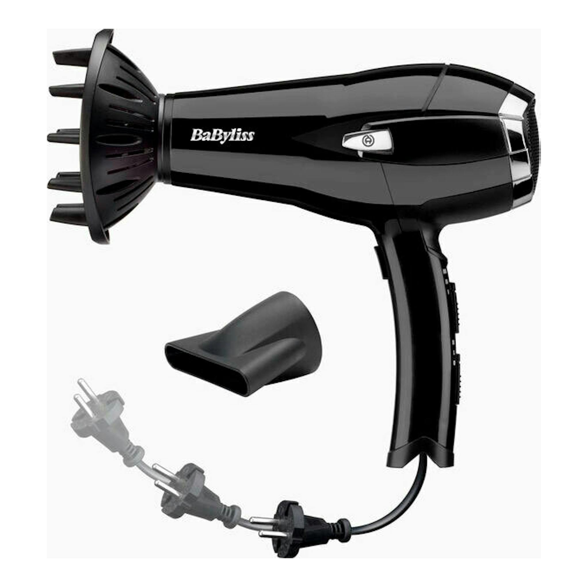 Secador Babyliss D374DE negro, vista lateral, con difusor y boquilla concentradora.