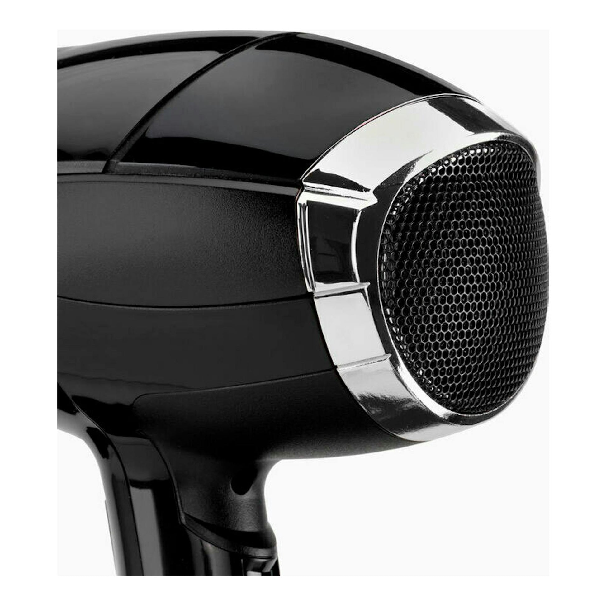 Secador Babyliss D374DE negro, vista lateral trasera con rejilla y aro cromado.