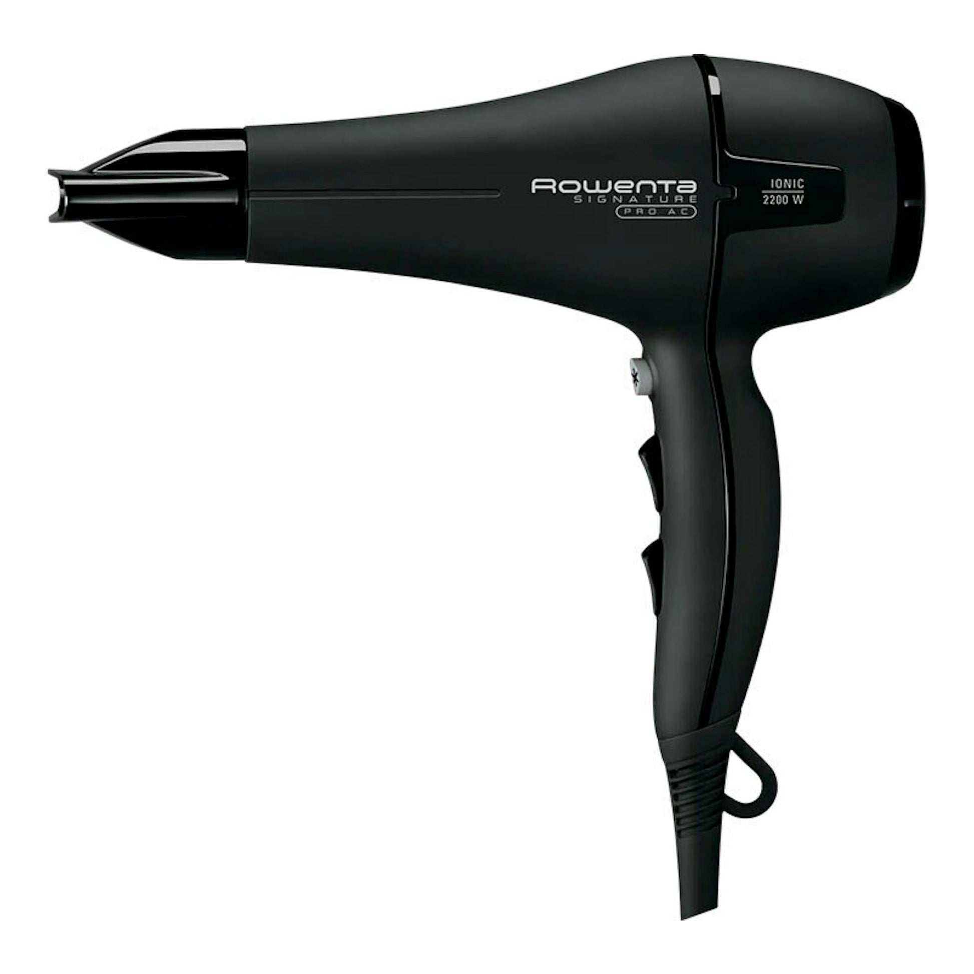 Secador Rowenta CV7810F0 negro, vista lateral, con boquilla estrecha e indicador IONIC 2200 W.