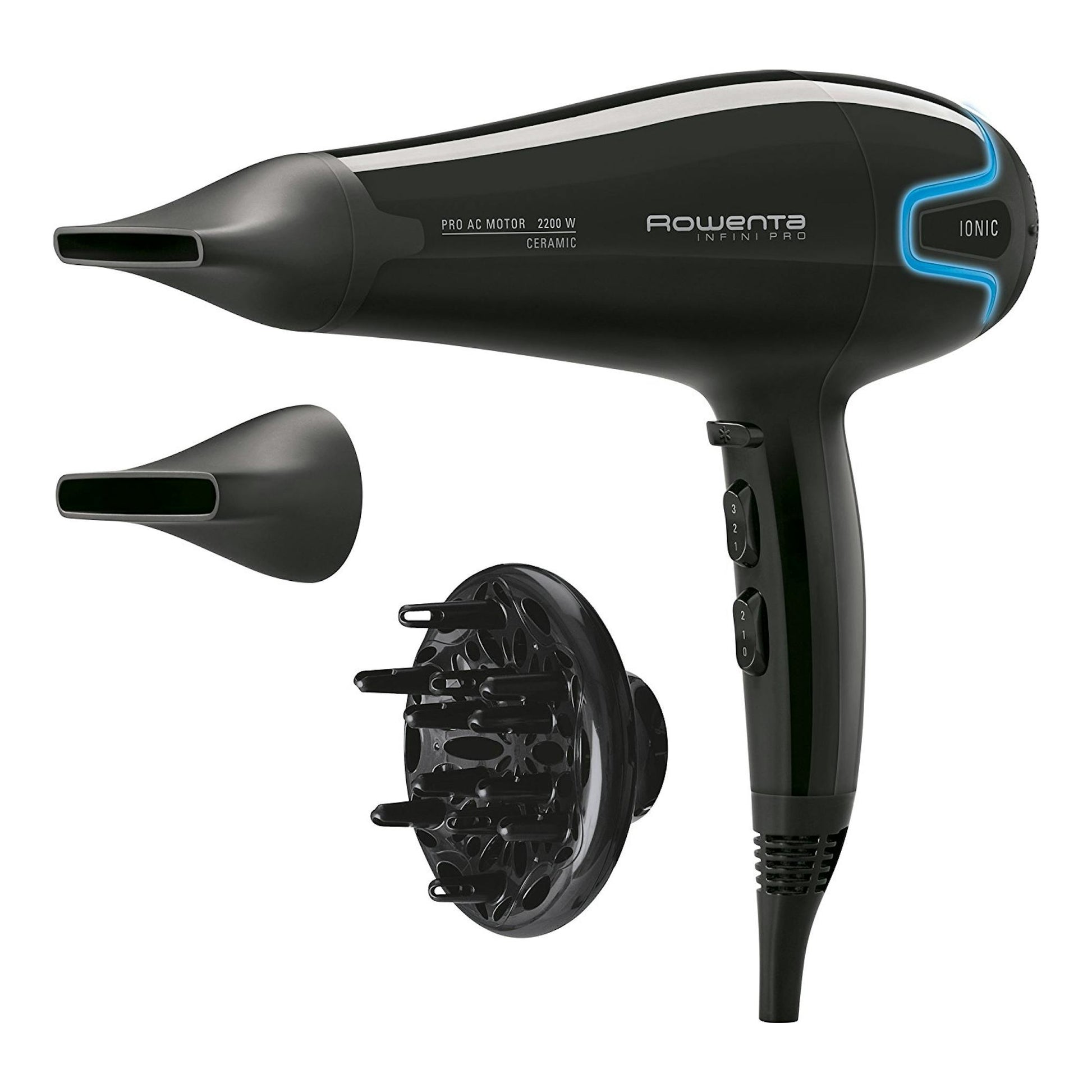 Secador de pelo Rowenta Infini Pro negro de perfil, con boquilla, difusor y peine.