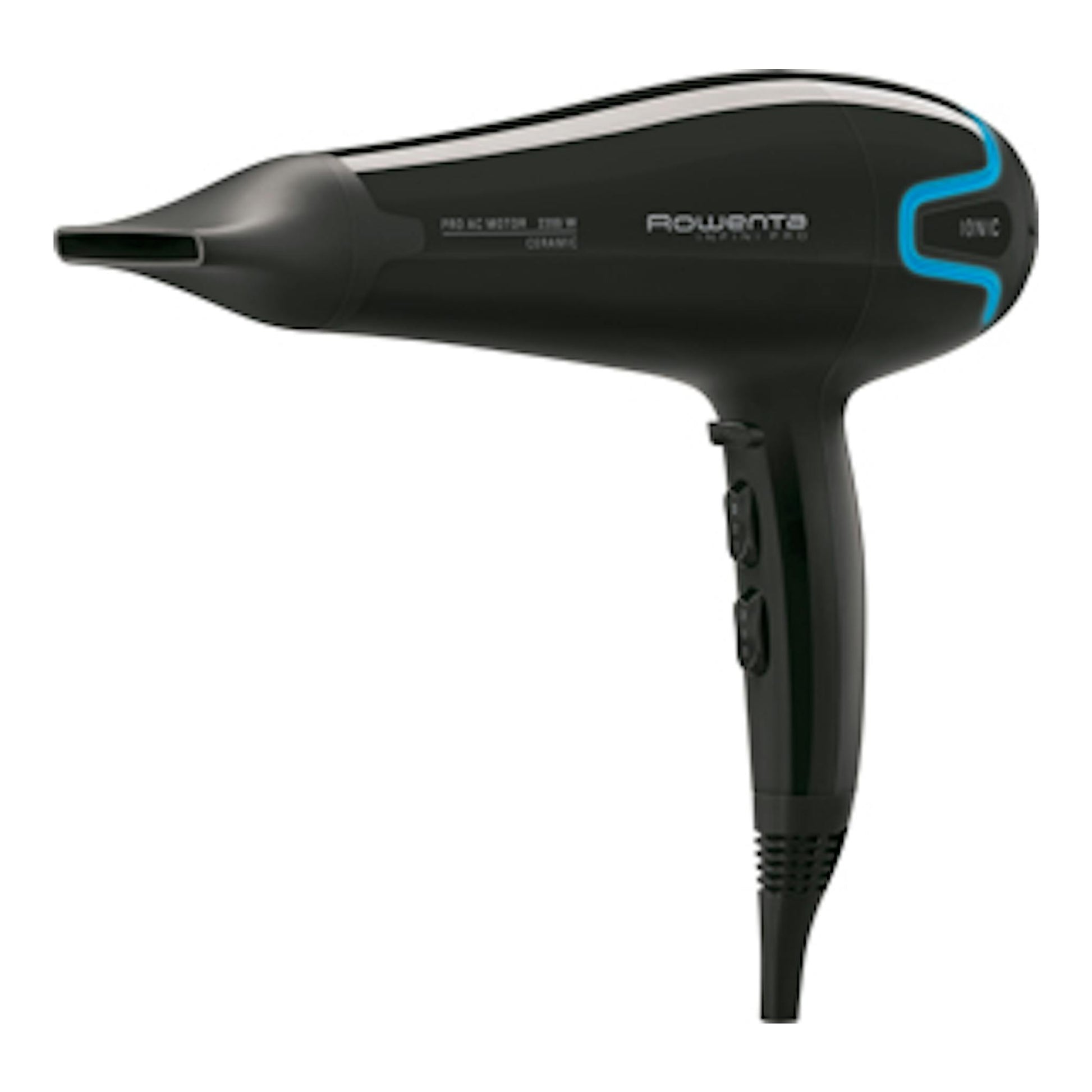 Secador de pelo Rowenta Infini Pro Beauty negro con detalles azules, vista lateral.