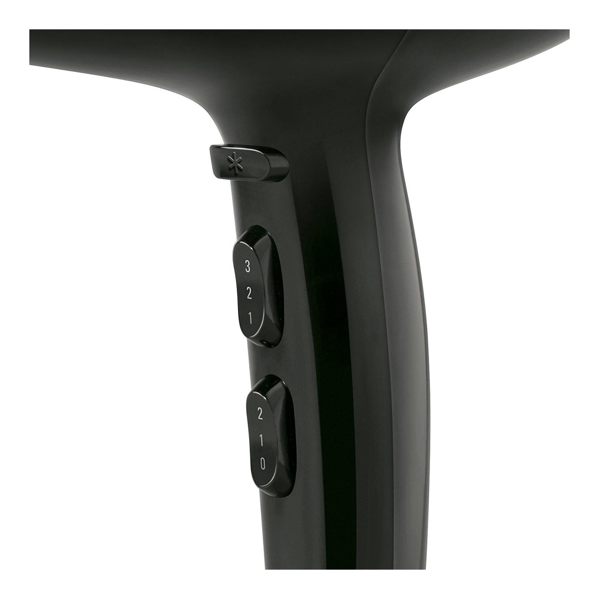 Secador de pelo Rowenta Infini Pro Beauty negro, vista lateral del mango con botones de control.