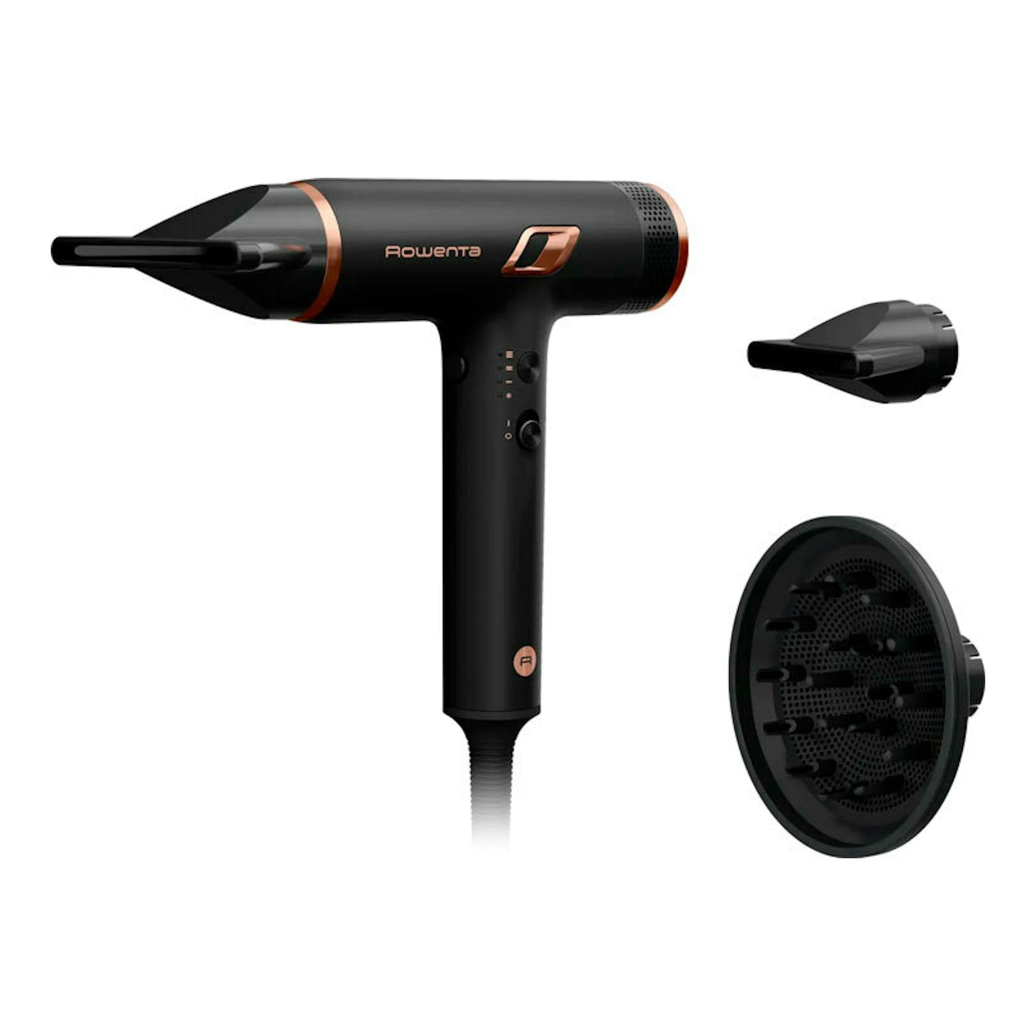 Secador Rowenta HY8310F0 negro con detalles cobre, vista lateral, con dos boquillas/accesorios.