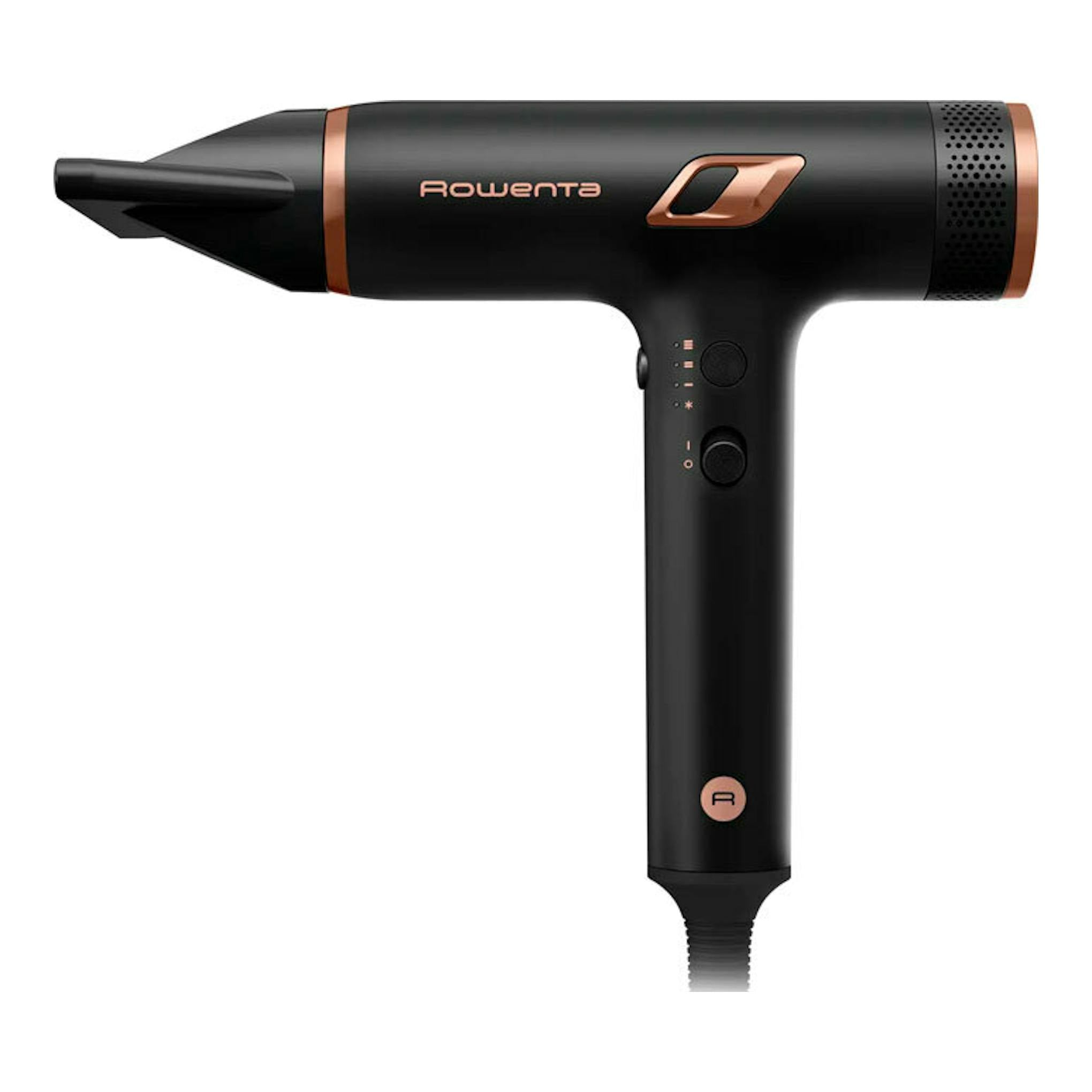 Secador de pelo Rowenta HY8310F0 negro con detalles cobre, vista lateral sobre fondo blanco.
