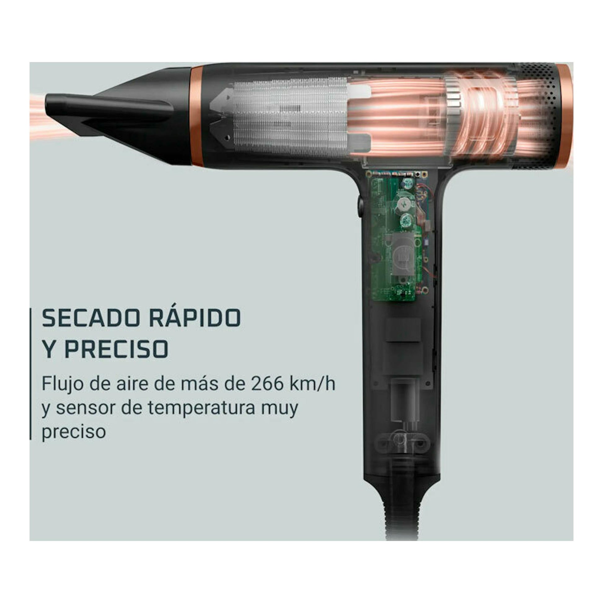 Secador Rowenta negro y cobre, vista lateral en corte, con flujo de aire visible.