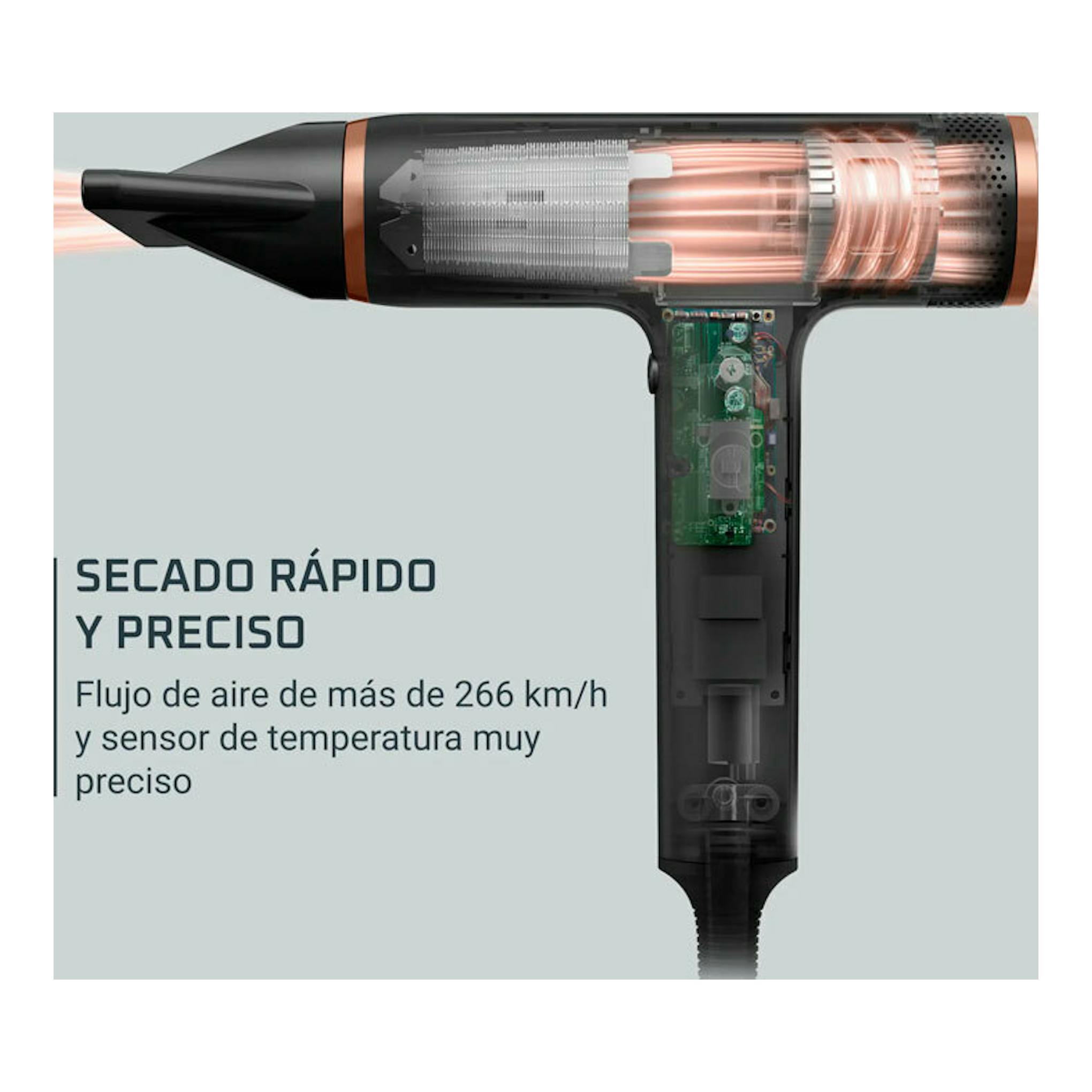 Secador Rowenta negro y cobre, vista lateral en corte, con flujo de aire visible.