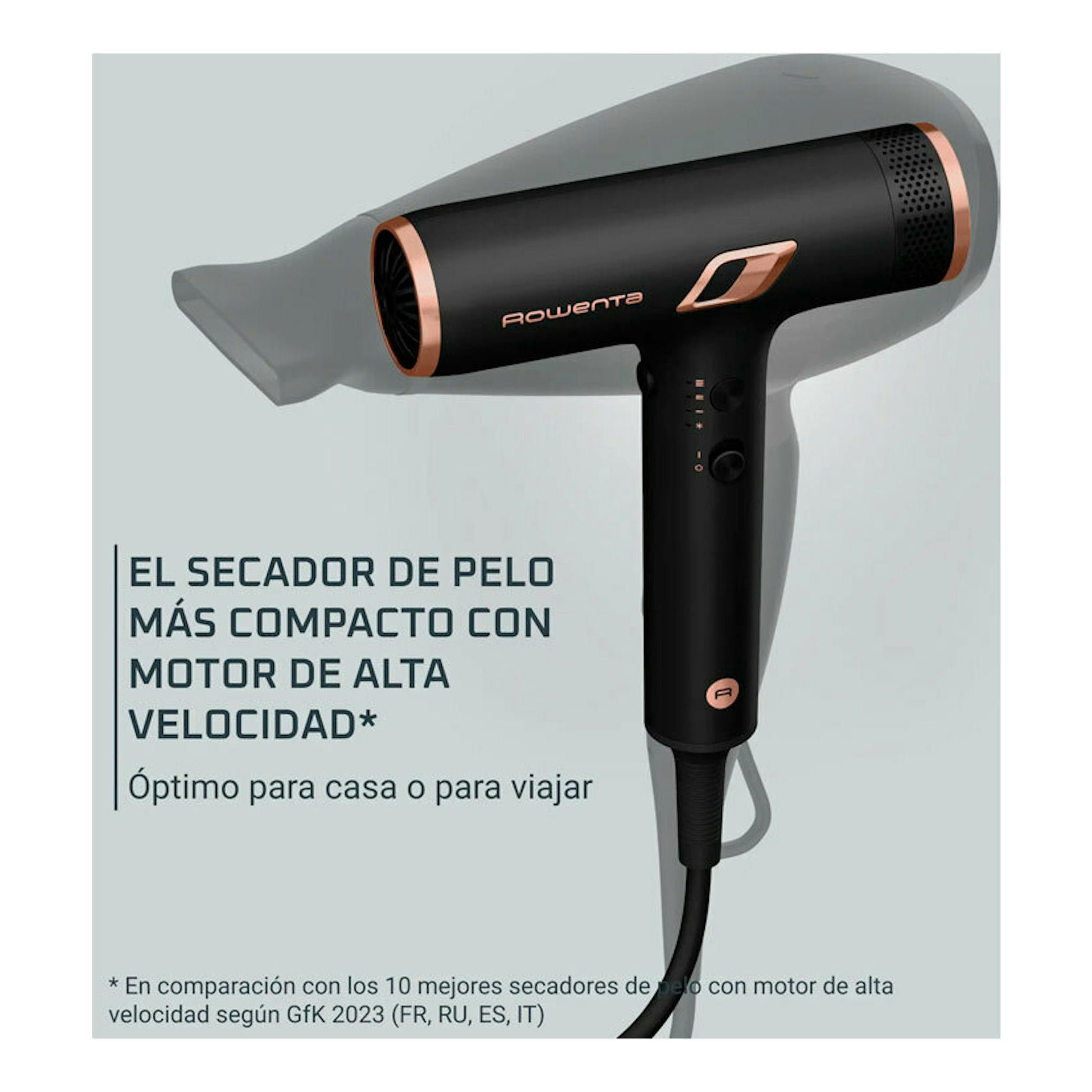 Secador Rowenta HY8310F0 negro con detalles rosa dorado, vista lateral, con boquilla gris.