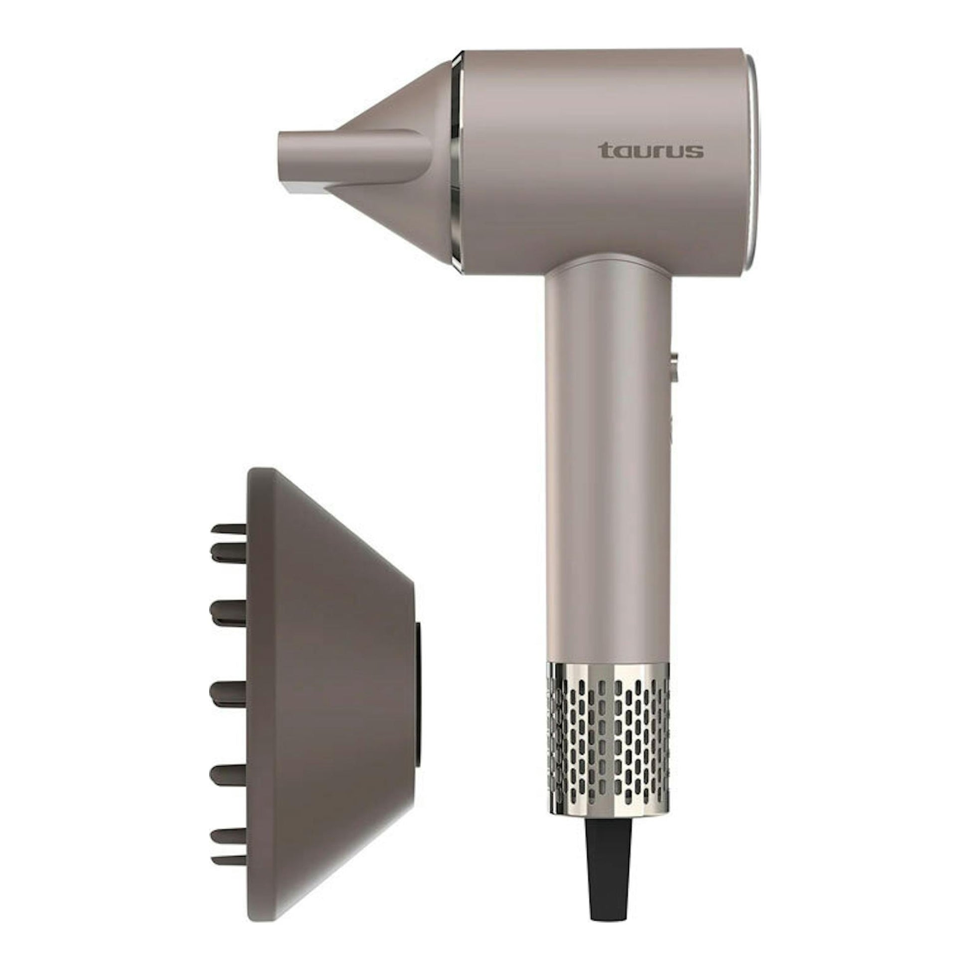 Secador Taurus Digital Force Protect beige, vista lateral, con boquilla y difusor desmontable.