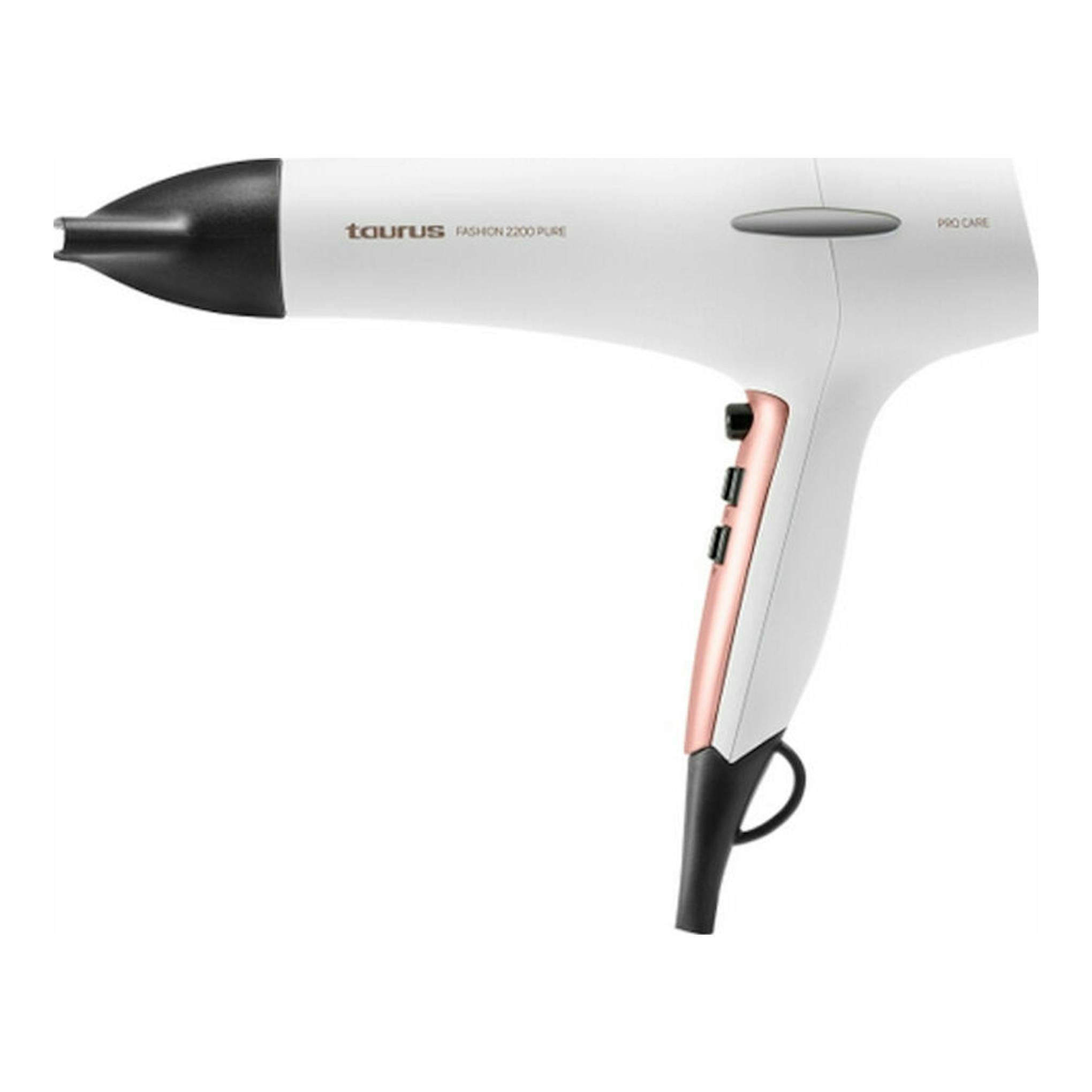 Secador Taurus Fashion 2200 Pure, vista lateral, blanco con boquilla y mango negros y detalle rosa.
