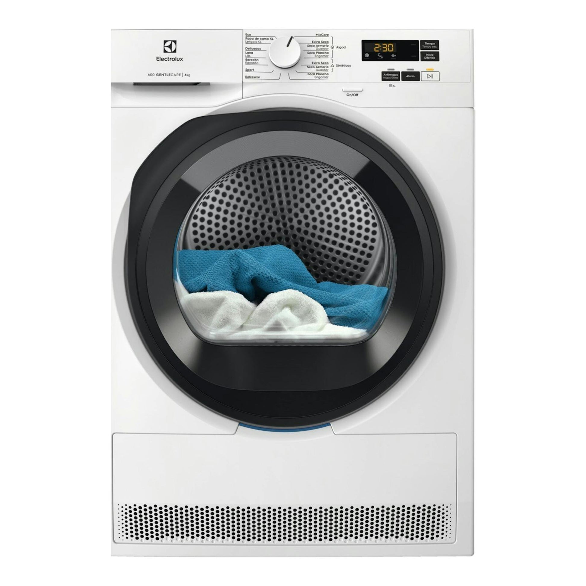 Secadora frontal Electrolux EDI618A5BO blanca, con puerta redonda negra y display digital, vista frontal.