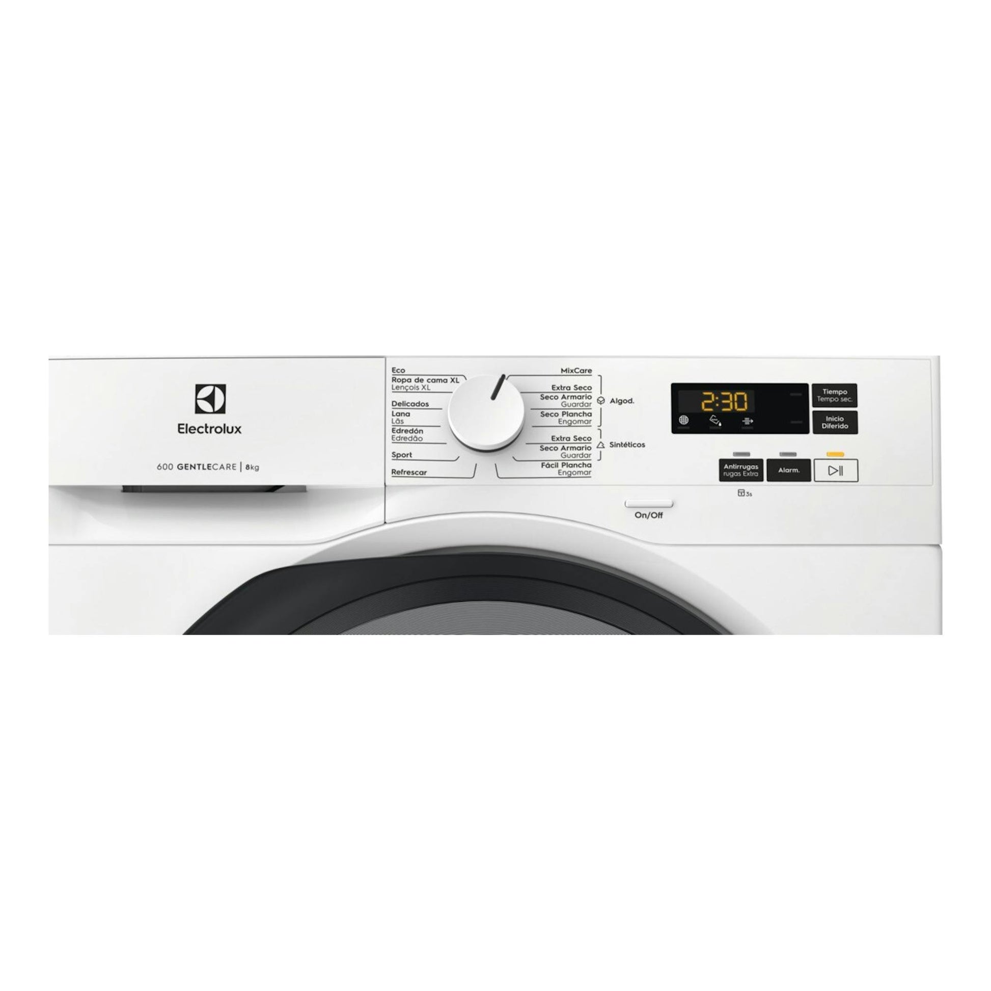 Secadora Electrolux 600 Gentlecare 8 kg, vista frontal, panel blanco, selector central y pantalla digital.