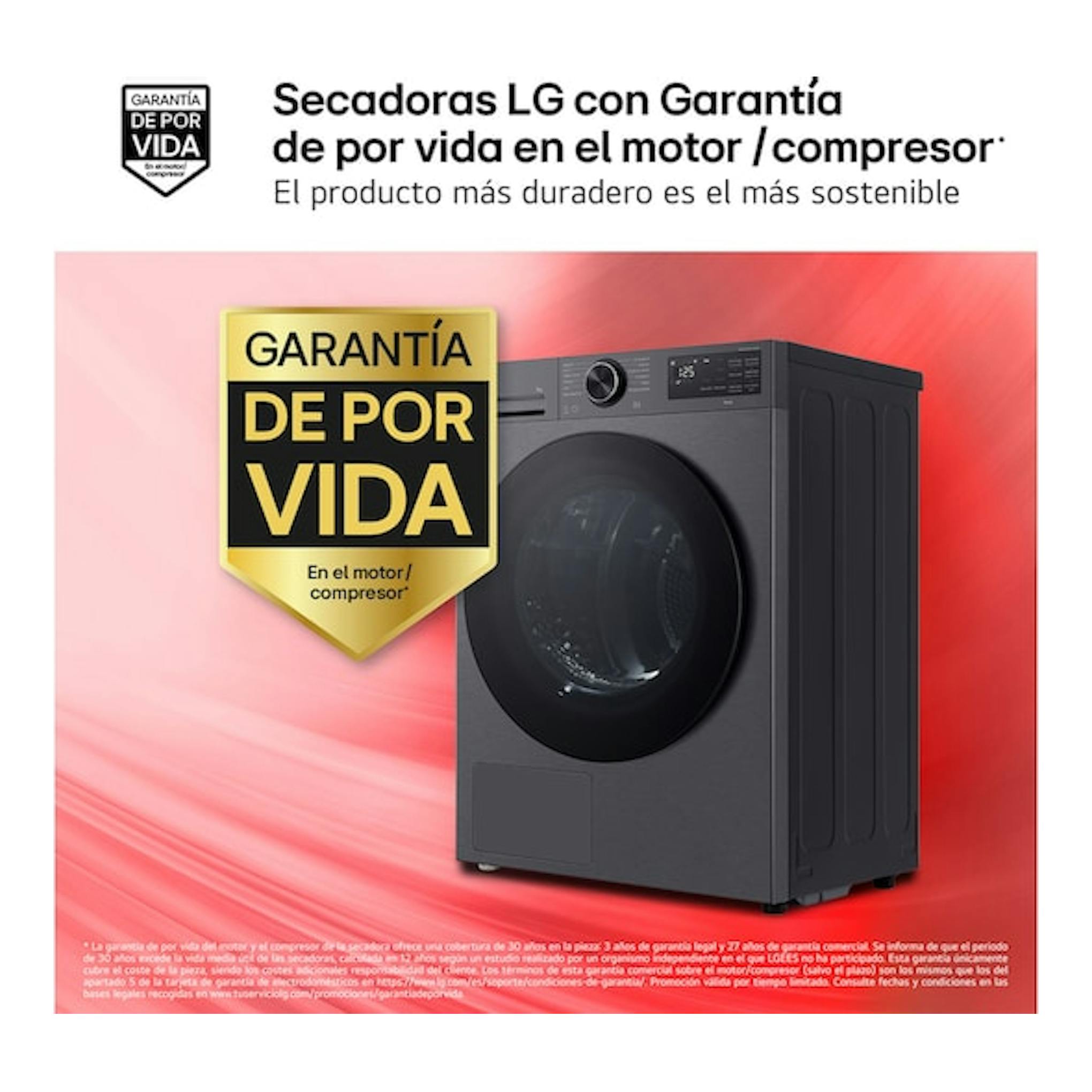 Secadora LG RHX5009TBB gris oscuro, vista frontal, con puerta negra y sello de garantía de por vida.