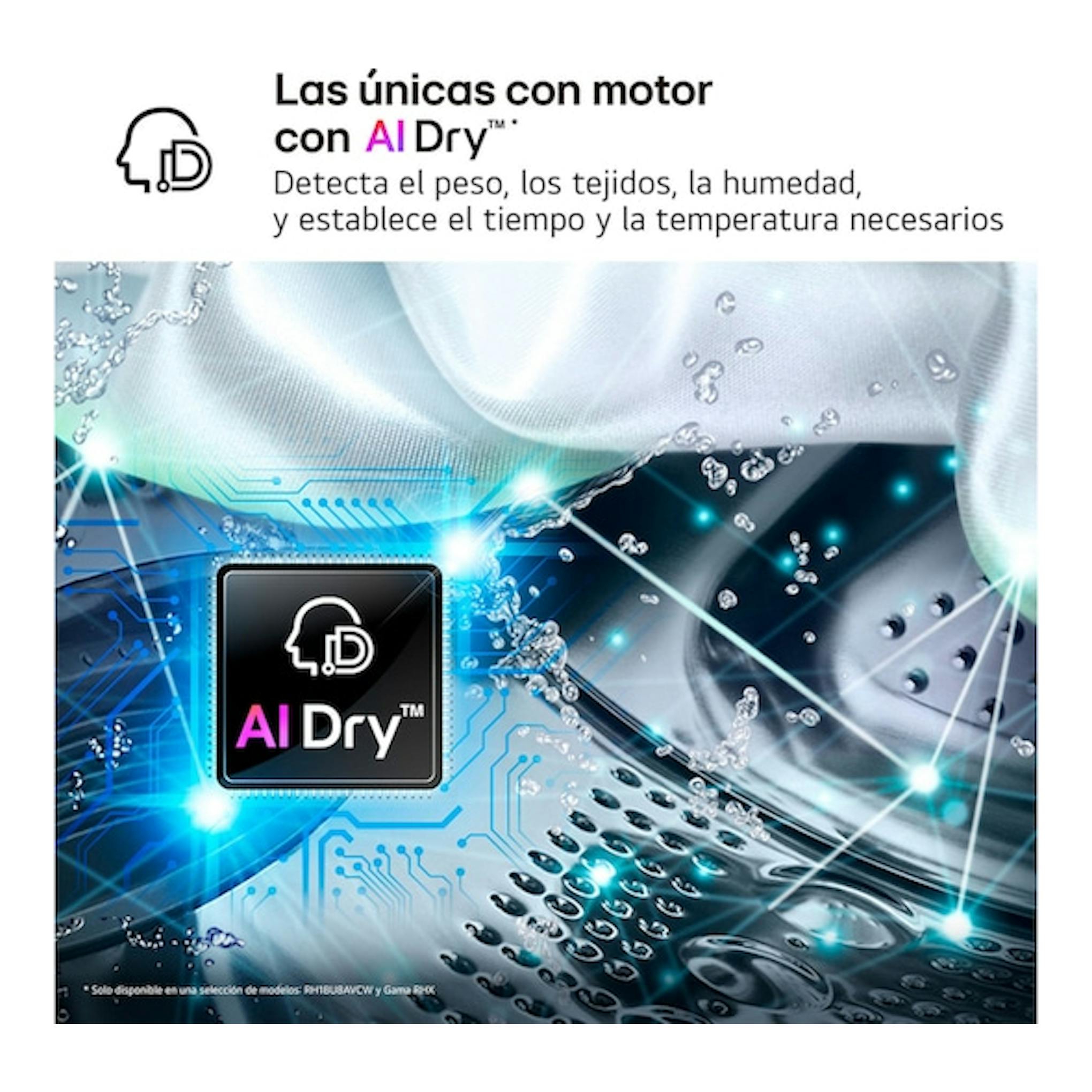 Gráfico promocional de LG AI Dry en el interior de una secadora, con gotas de agua y luces azules.