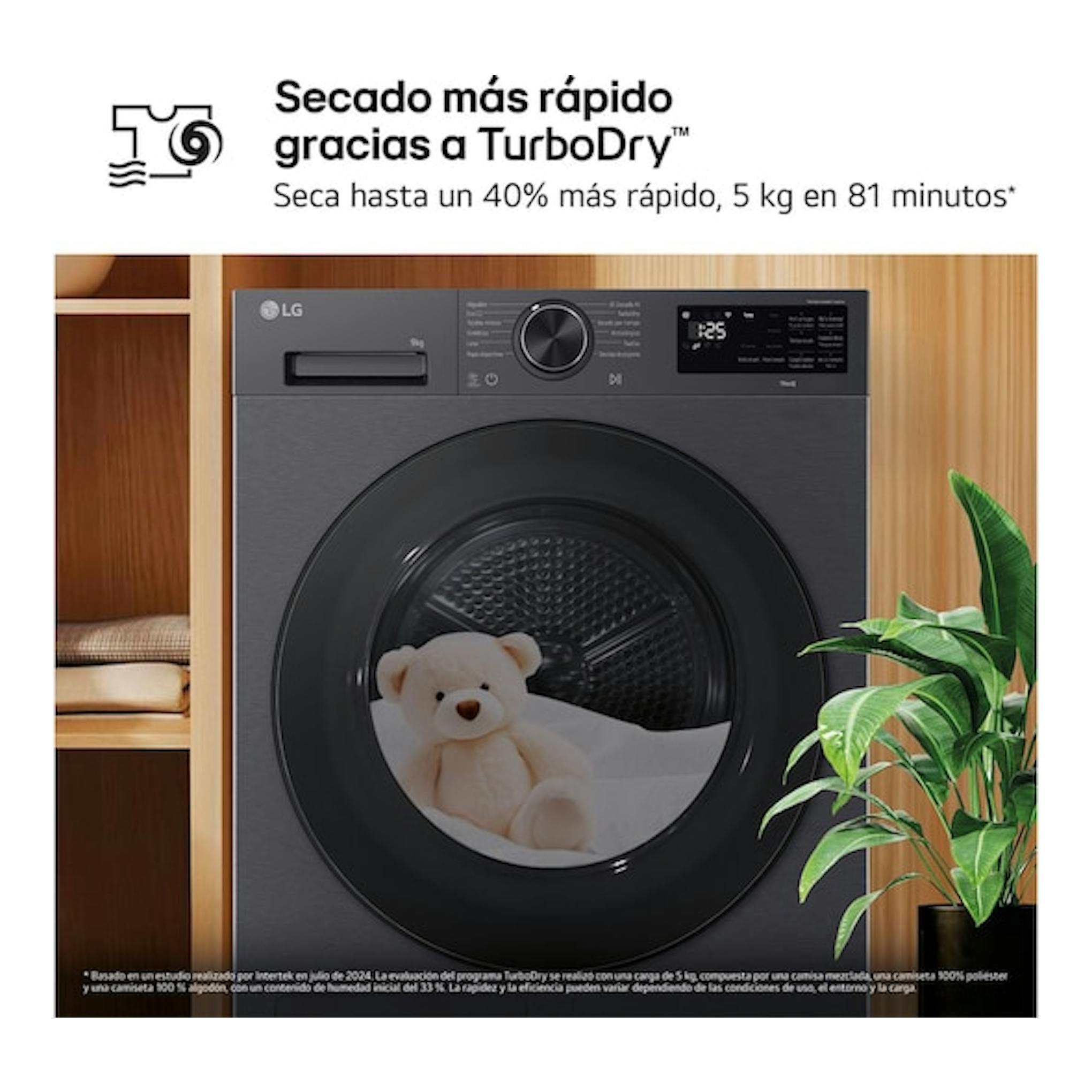 Secadora LG RHX5009TBB negra, vista frontal, con puerta redonda y panel digital; anuncio de TurboDry.