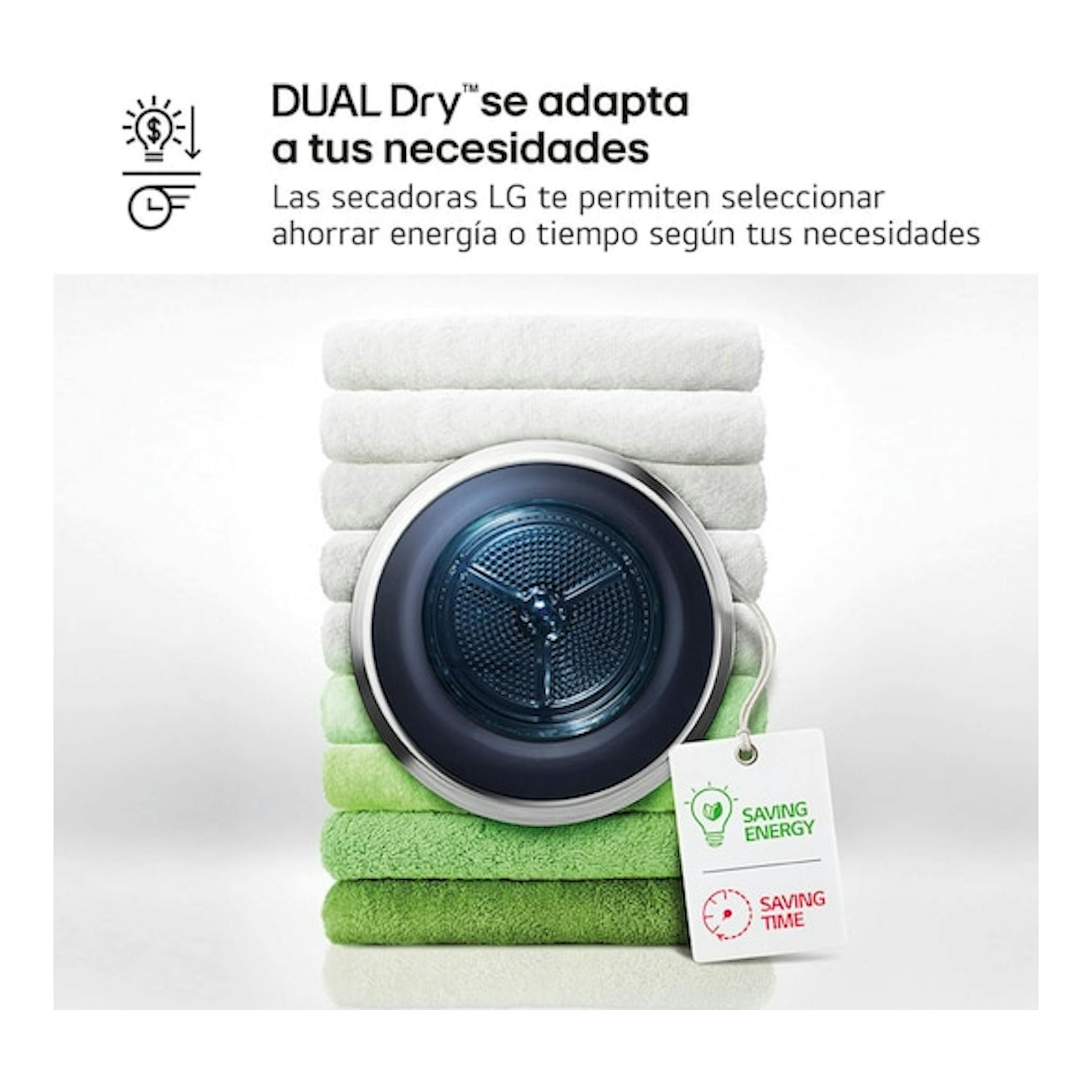Anuncio de secadora LG DUAL Dry, vista frontal, con puerta redonda azul oscuro sobre toallas apiladas.