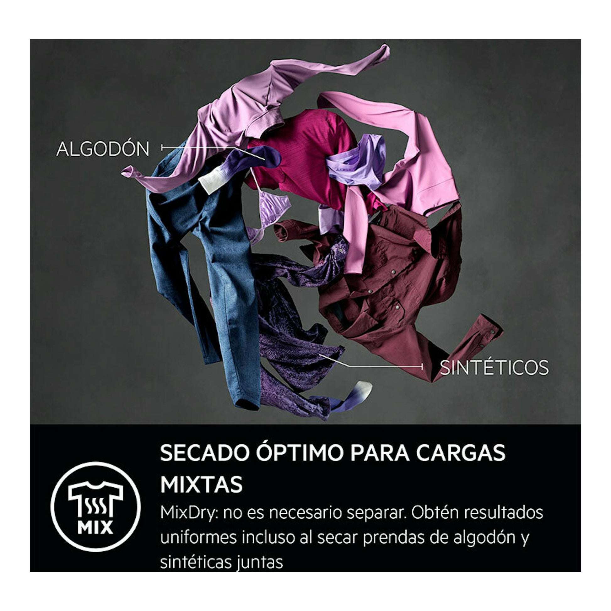 Gráfico de secadora AEG TR718EAOB 8Kg con prendas de algodón y sintéticos flotando sobre fondo gris.