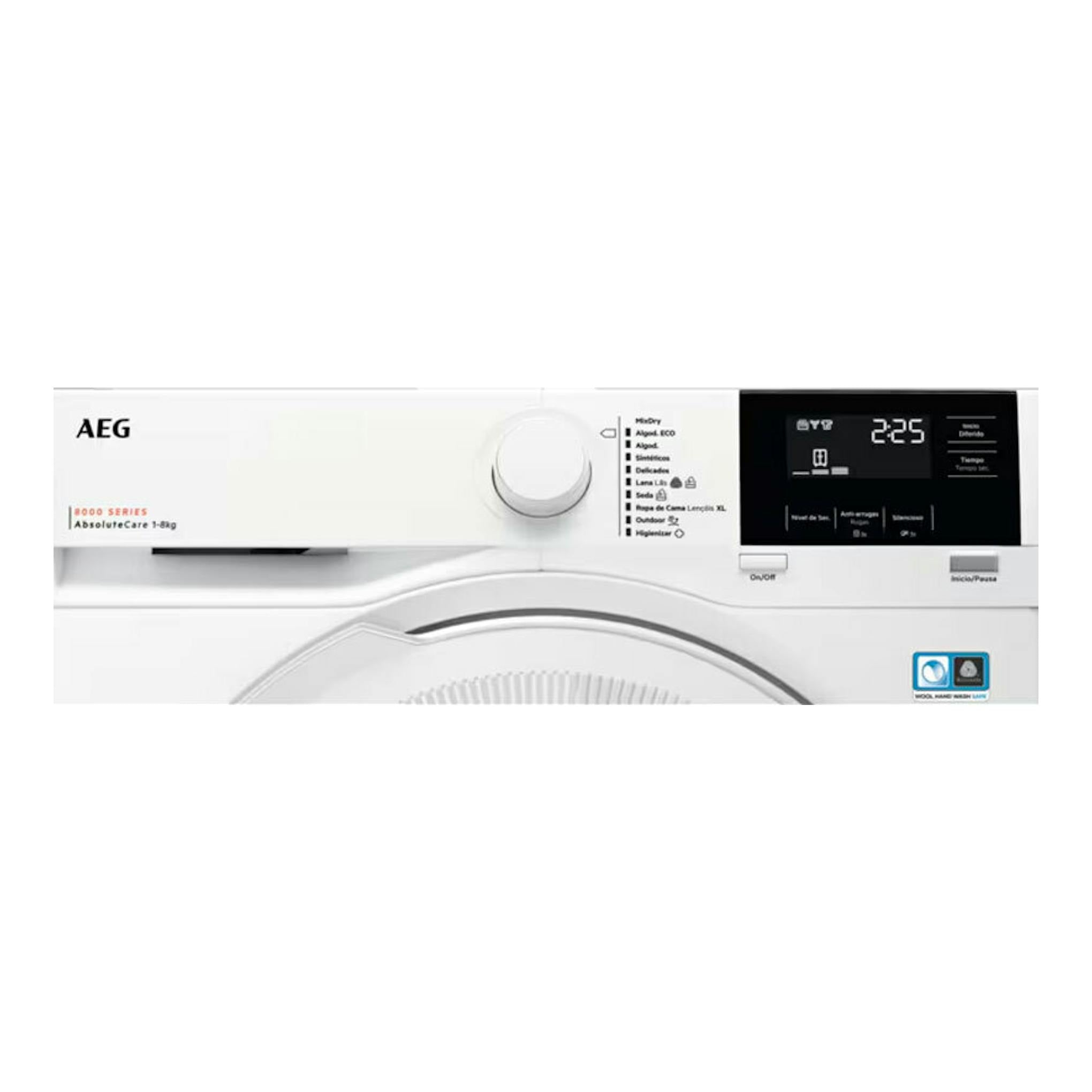Secadora AEG TR818A2OB blanca, vista frontal parcial del panel de control con pantalla negra.