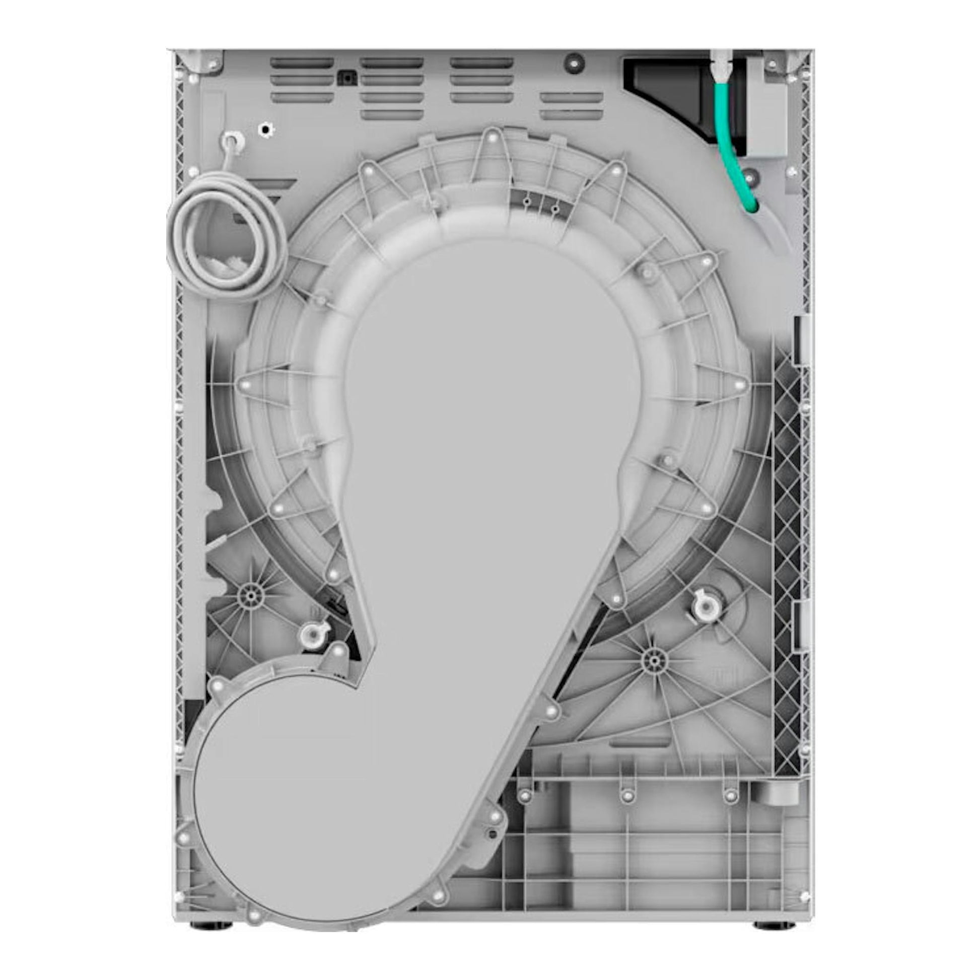 Secadora AEG TR818A2OB 8 kg, vista trasera de la carcasa gris con componentes internos visibles.