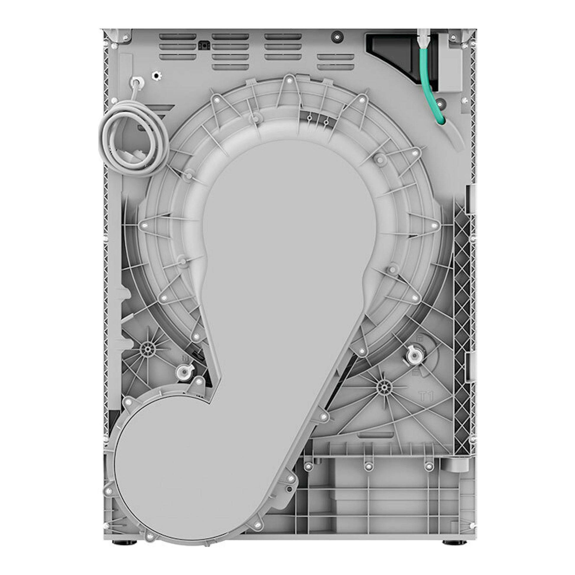 AEG TR818A4OB, vista trasera en gris del interior de una secadora con panel y conductos visibles.