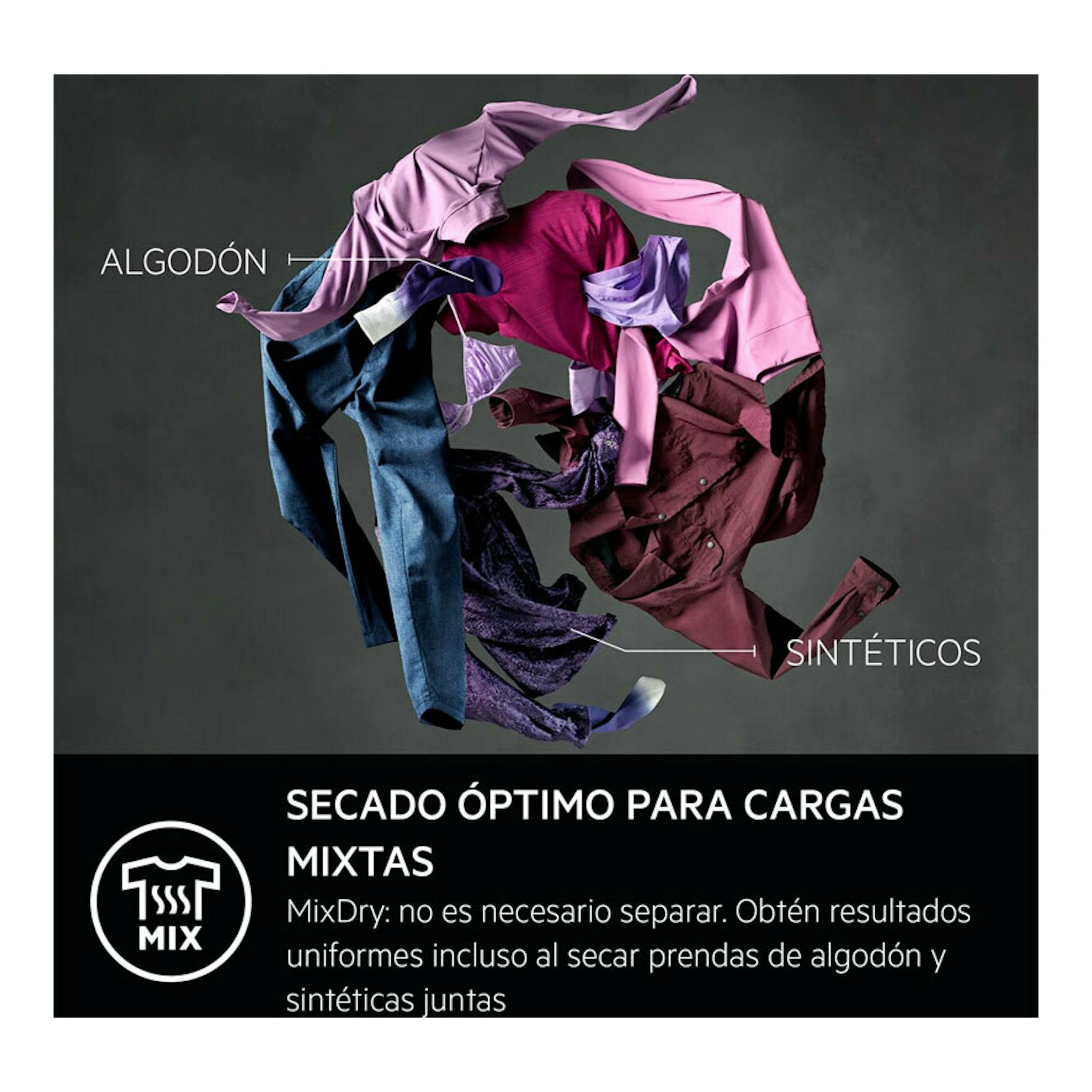 Imagen promocional de la secadora AEG TR818A4OB con ropa de algodón y sintética flotando sobre fondo gris oscuro.