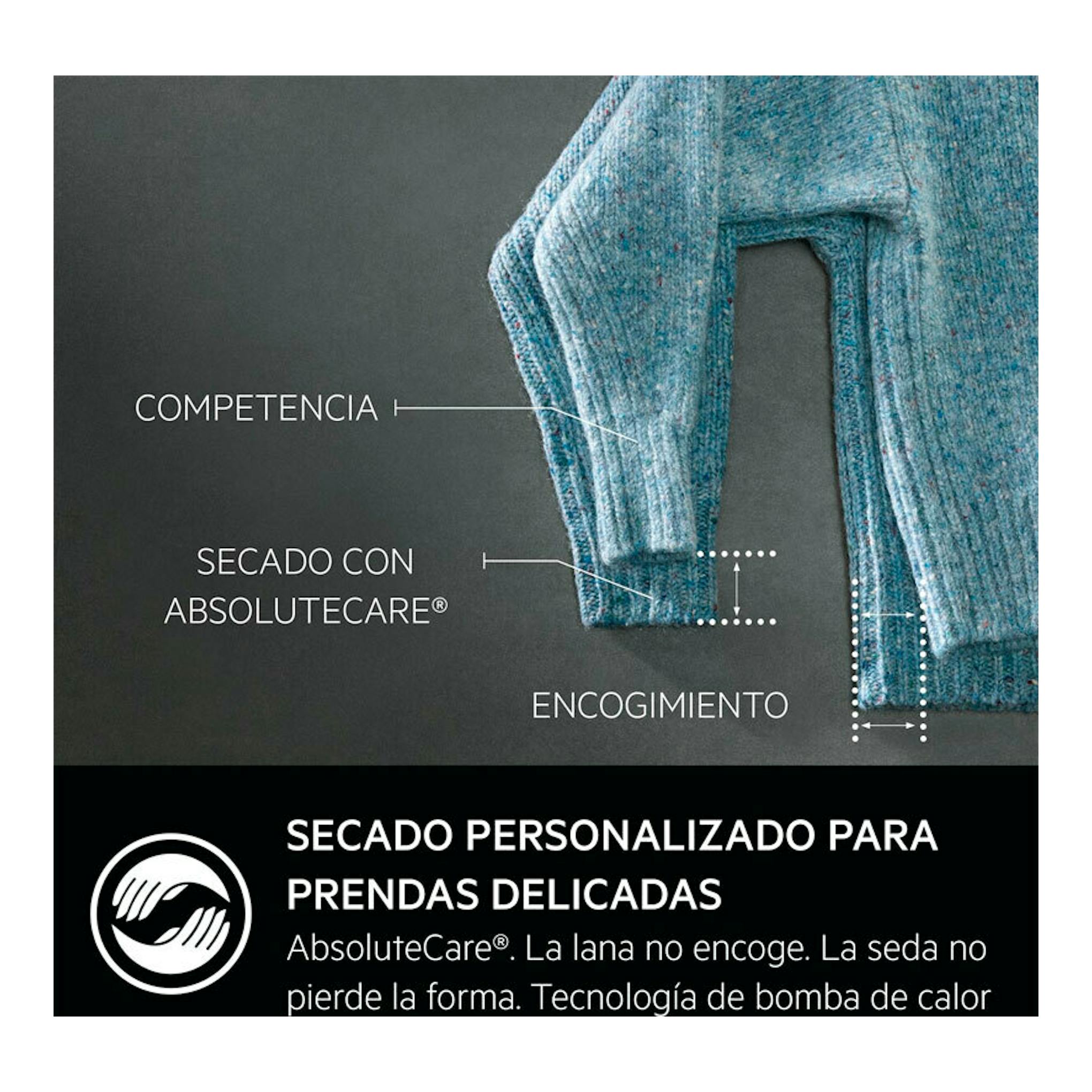 Imagen promocional de secadora AEG TR818A4OB con jersey azul y texto sobre AbsoluteCare.