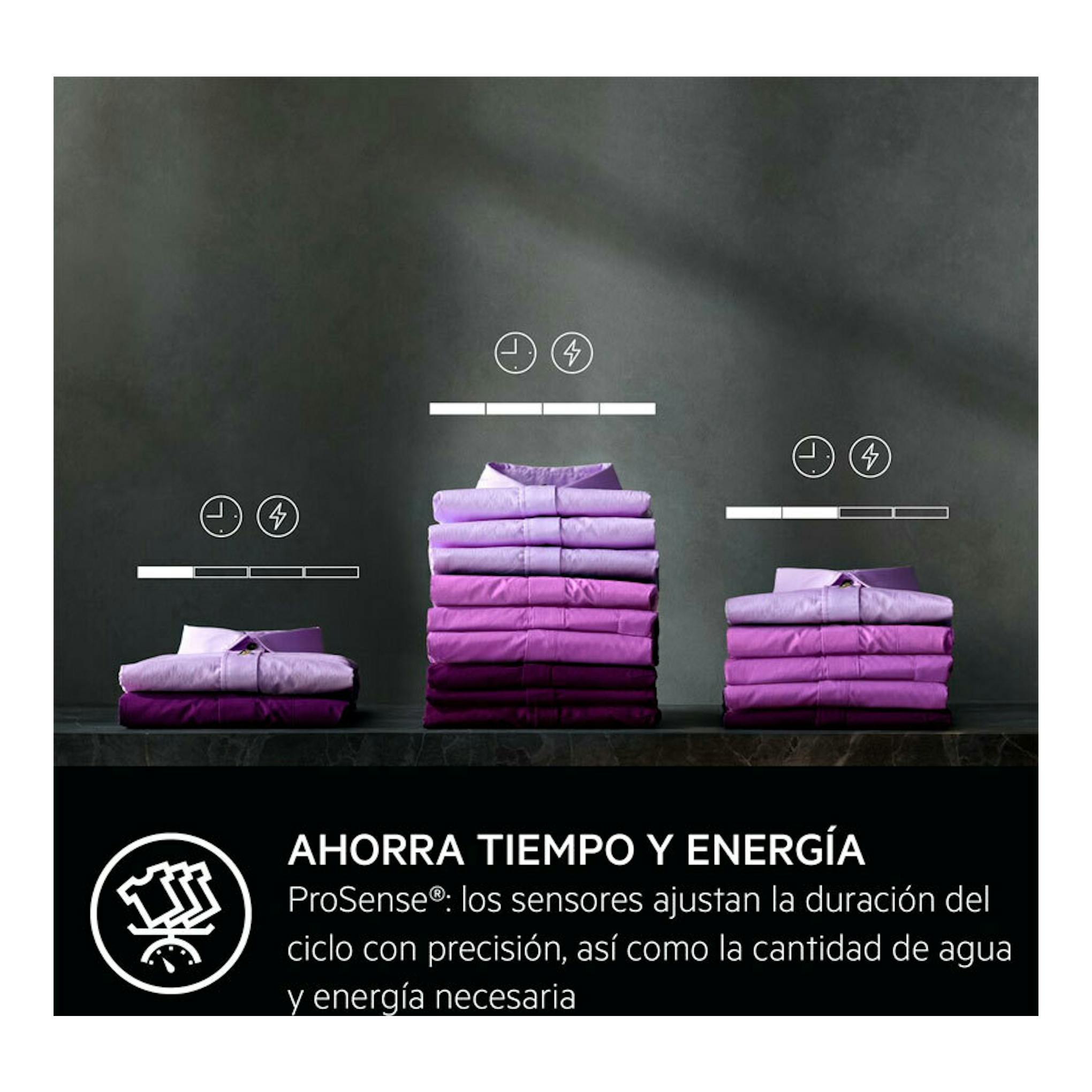 AEG TR818A4OB: imagen promocional con ropa doblada en tres pilas y texto sobre ProSense, ahorro de tiempo y energía.