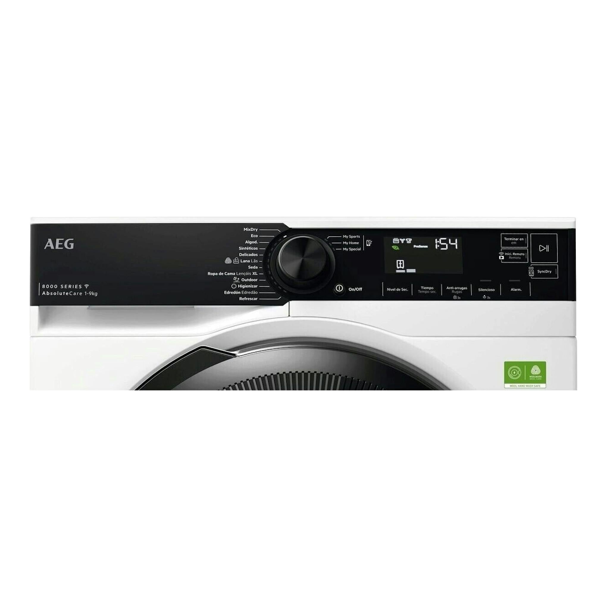 Secadora AEG TR839T4PBCP, vista frontal, blanca y negra, con selector central y display digital.