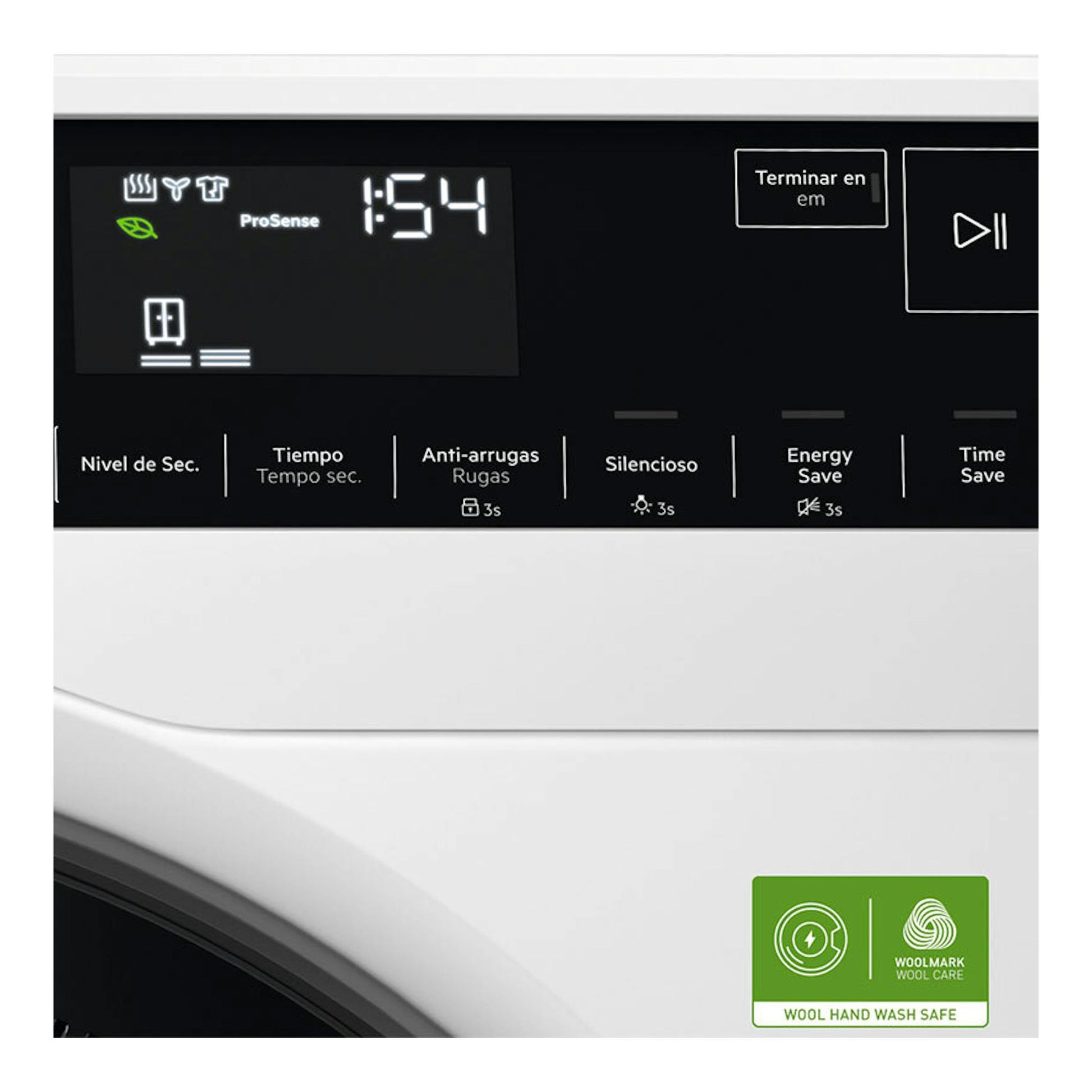 Secadora AEG TR939V4PB de 9 kg, vista frontal del panel negro con pantalla digital y botones táctiles.