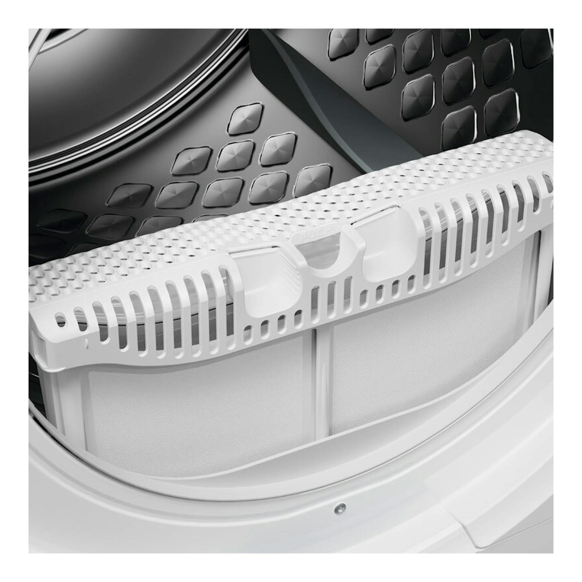 Secadora AEG TR939V4PB blanca, vista en primer plano del filtro de pelusas y el tambor interior.
