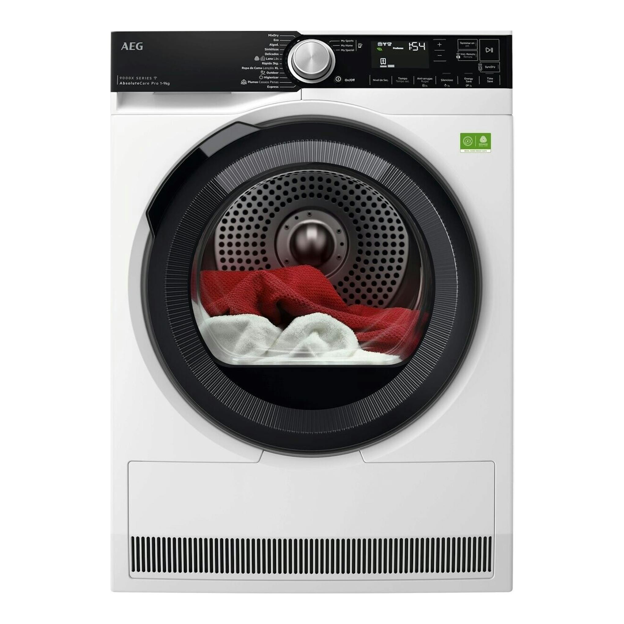 Secadora AEG TR959V6PBC blanca, vista frontal, con puerta circular negra y panel digital superior.