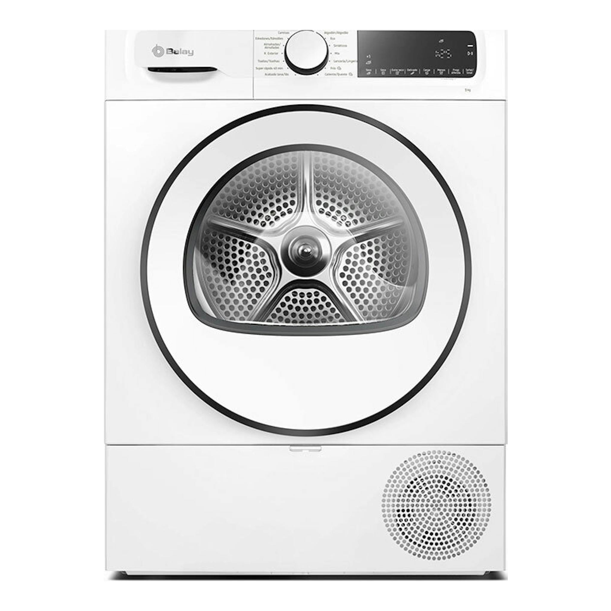 Secadora Balay 3SB090BE blanca, vista frontal, con puerta circular y panel de control superior.