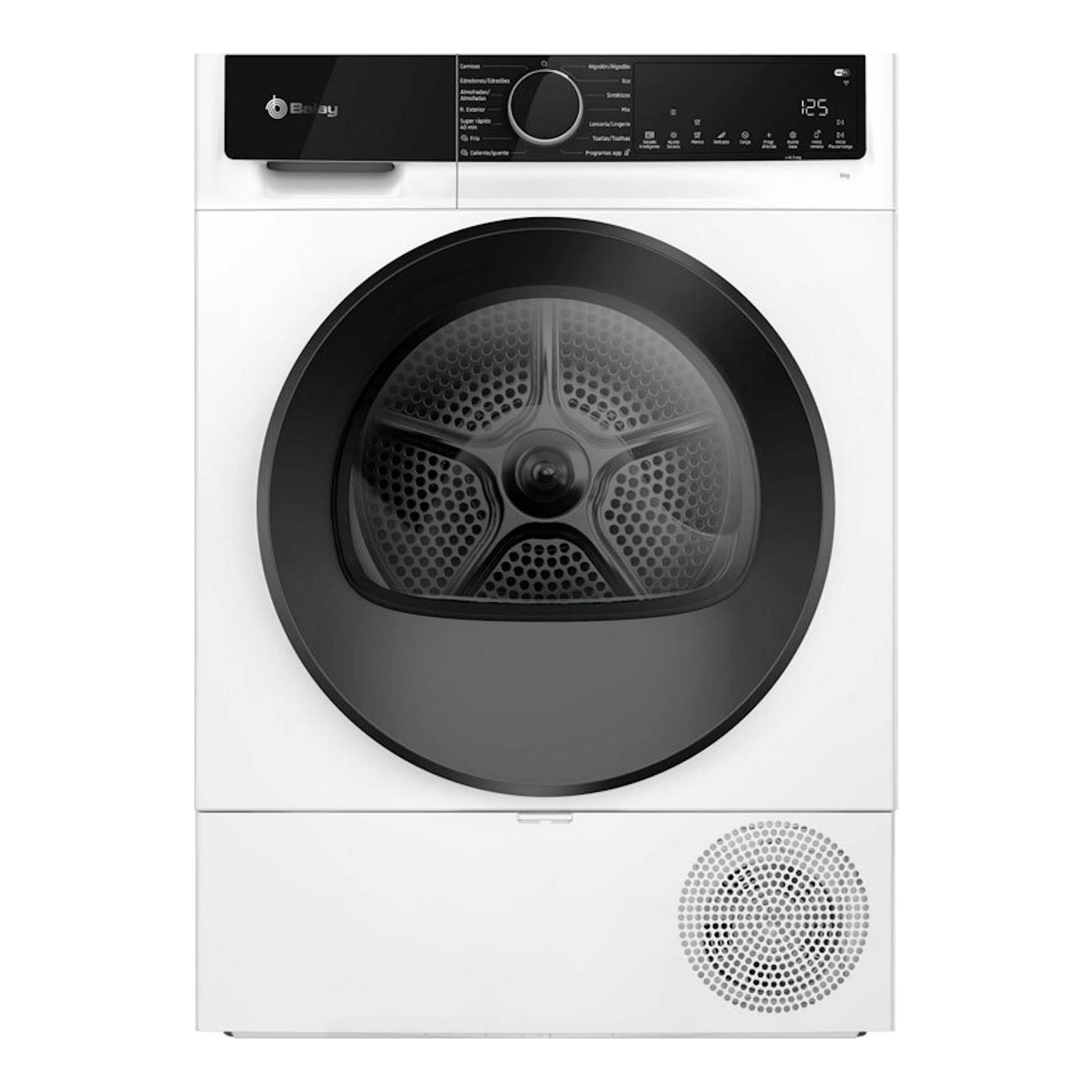 Secadora Balay 3SB093BC blanca, vista frontal, con puerta negra circular y panel digital superior.