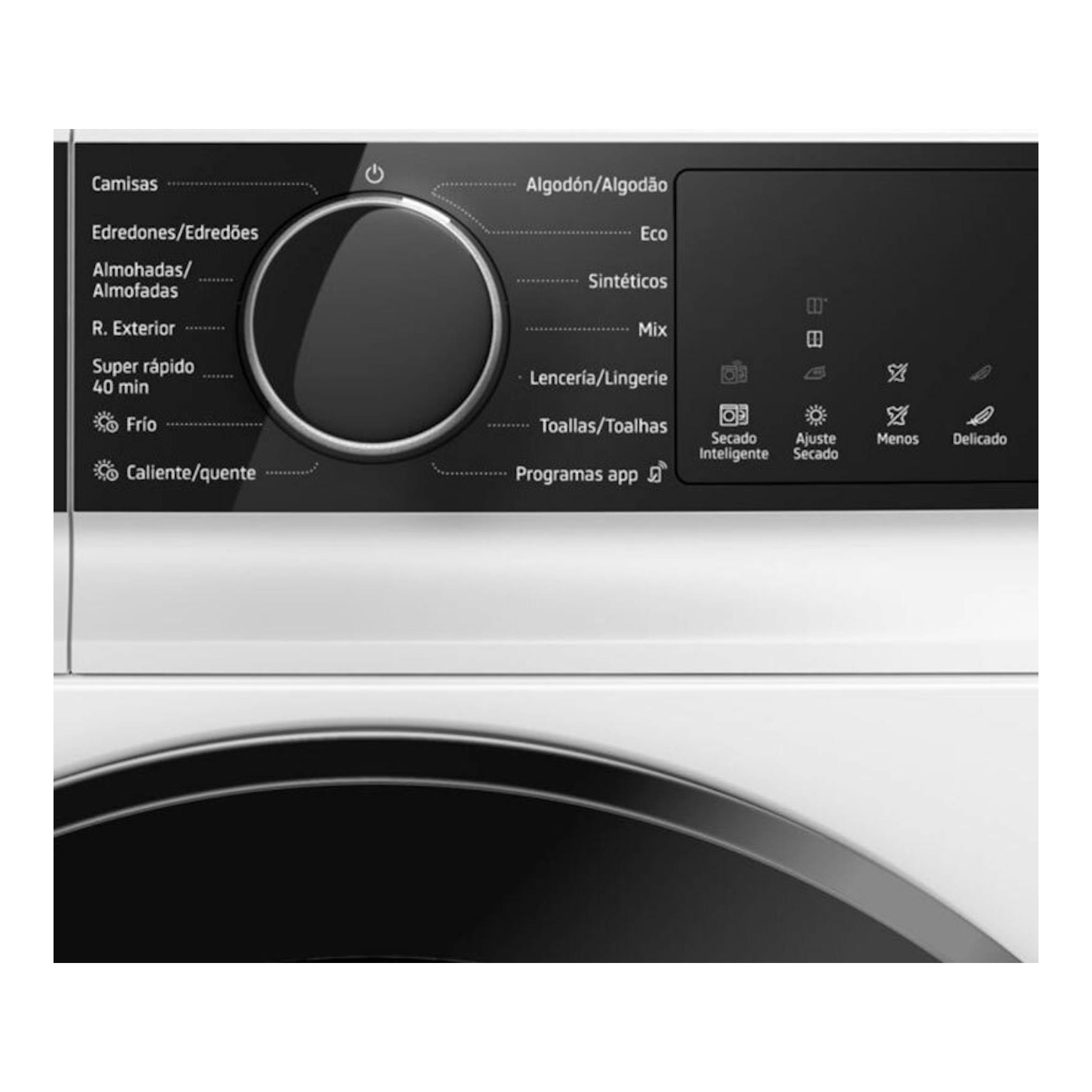 Panel frontal de secadora Balay 3SB093BC en blanco y negro, con selector central y programas visibles.