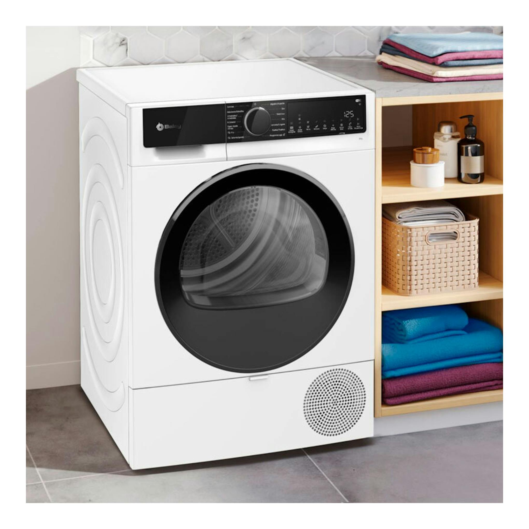 Secadora Balay 3SB093BC blanca, vista frontal con puerta negra circular y panel de control superior.