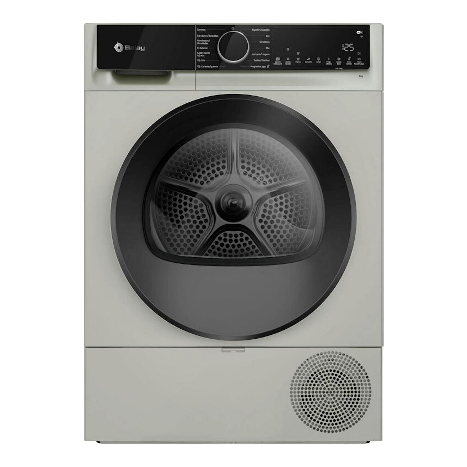 Secadora Balay 3SB093XC gris, vista frontal, con puerta circular negra y panel superior digital.