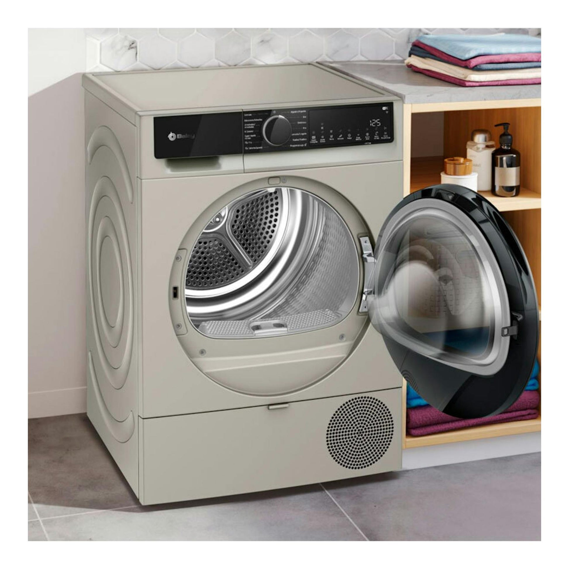 Secadora Balay 3SB093XC beige de carga frontal, vista frontal con la puerta abierta