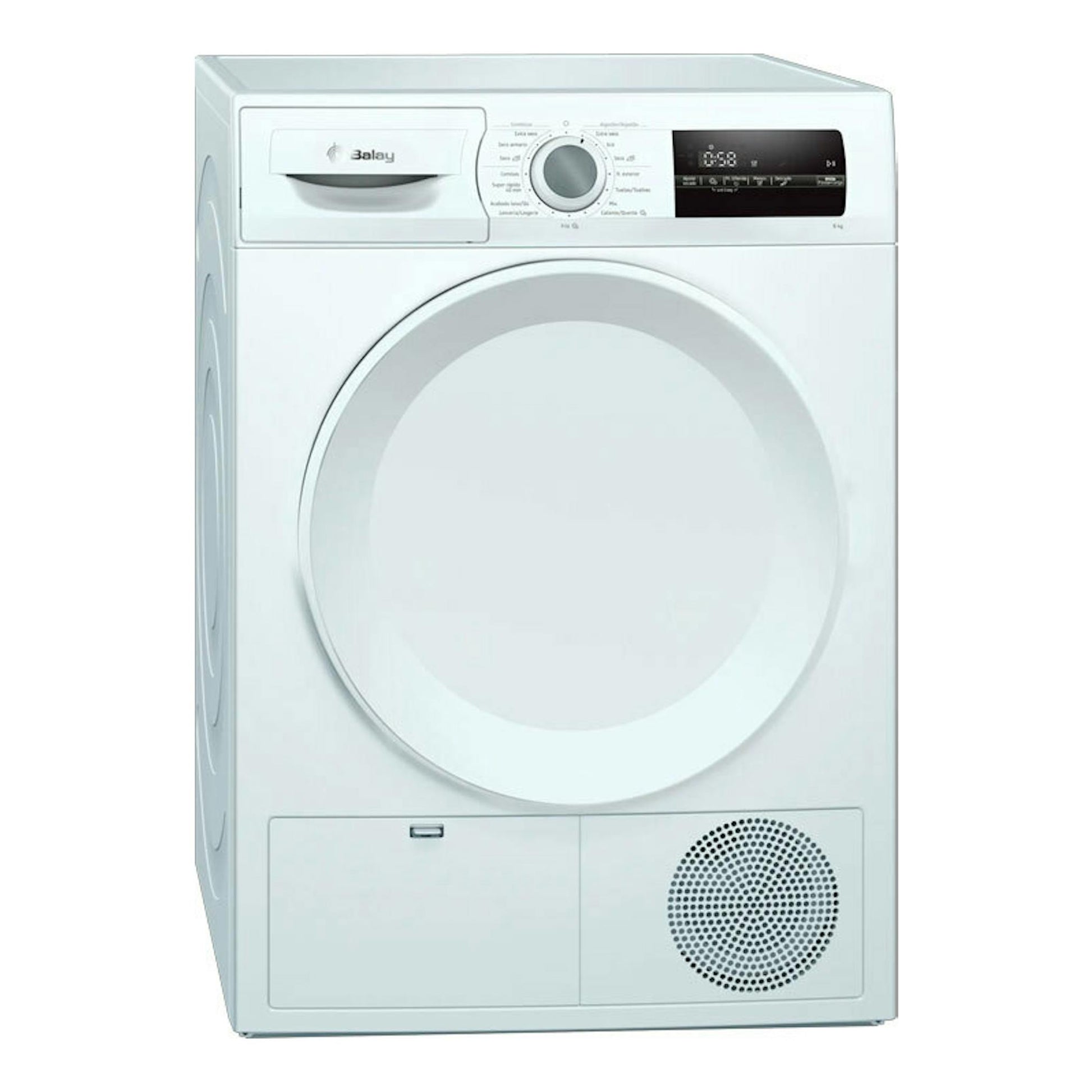 Secadora Balay 3SB288BE blanca, vista frontal, con puerta circular y panel de control superior.