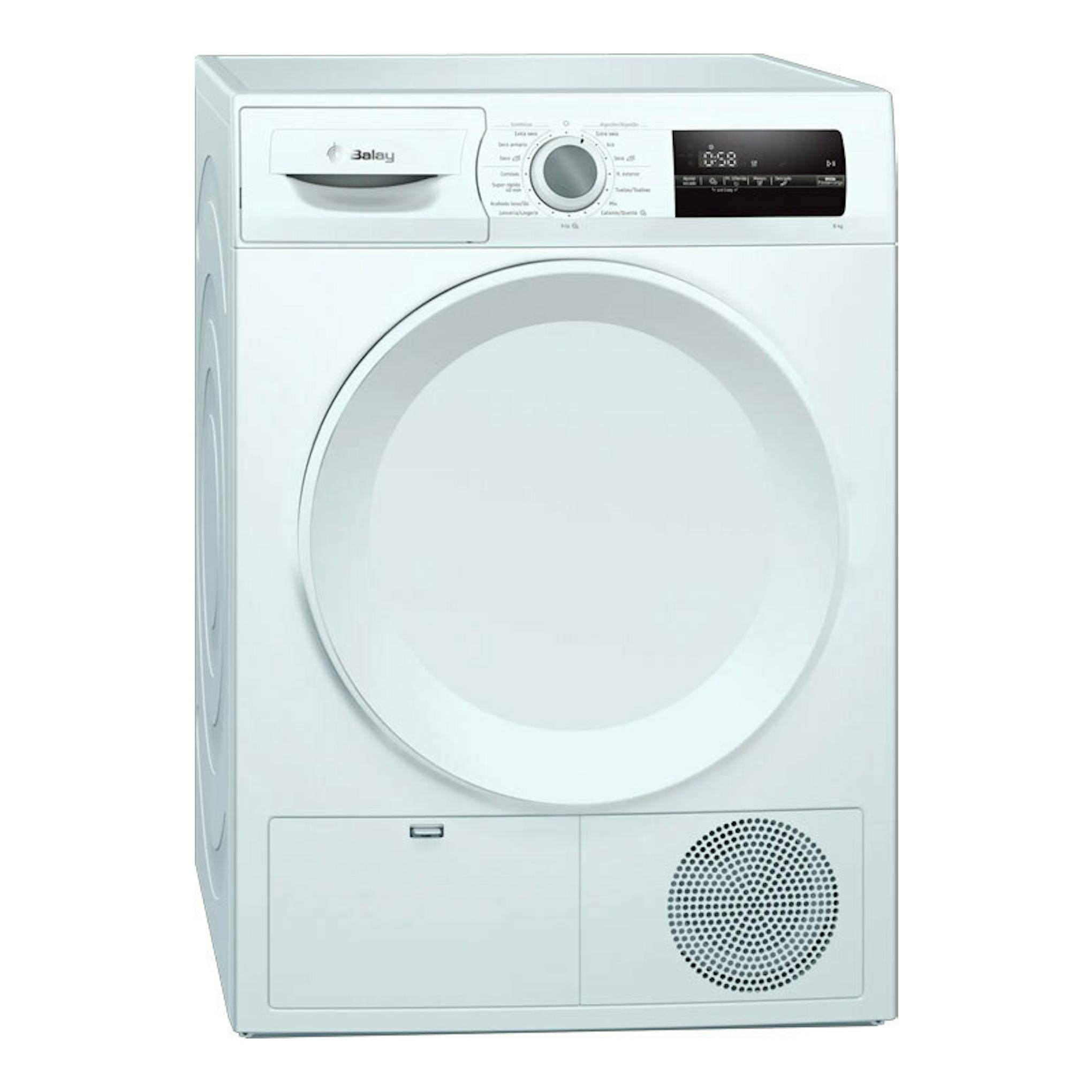 Secadora Balay 3SB288BE blanca, vista frontal, con puerta circular y panel de control superior.