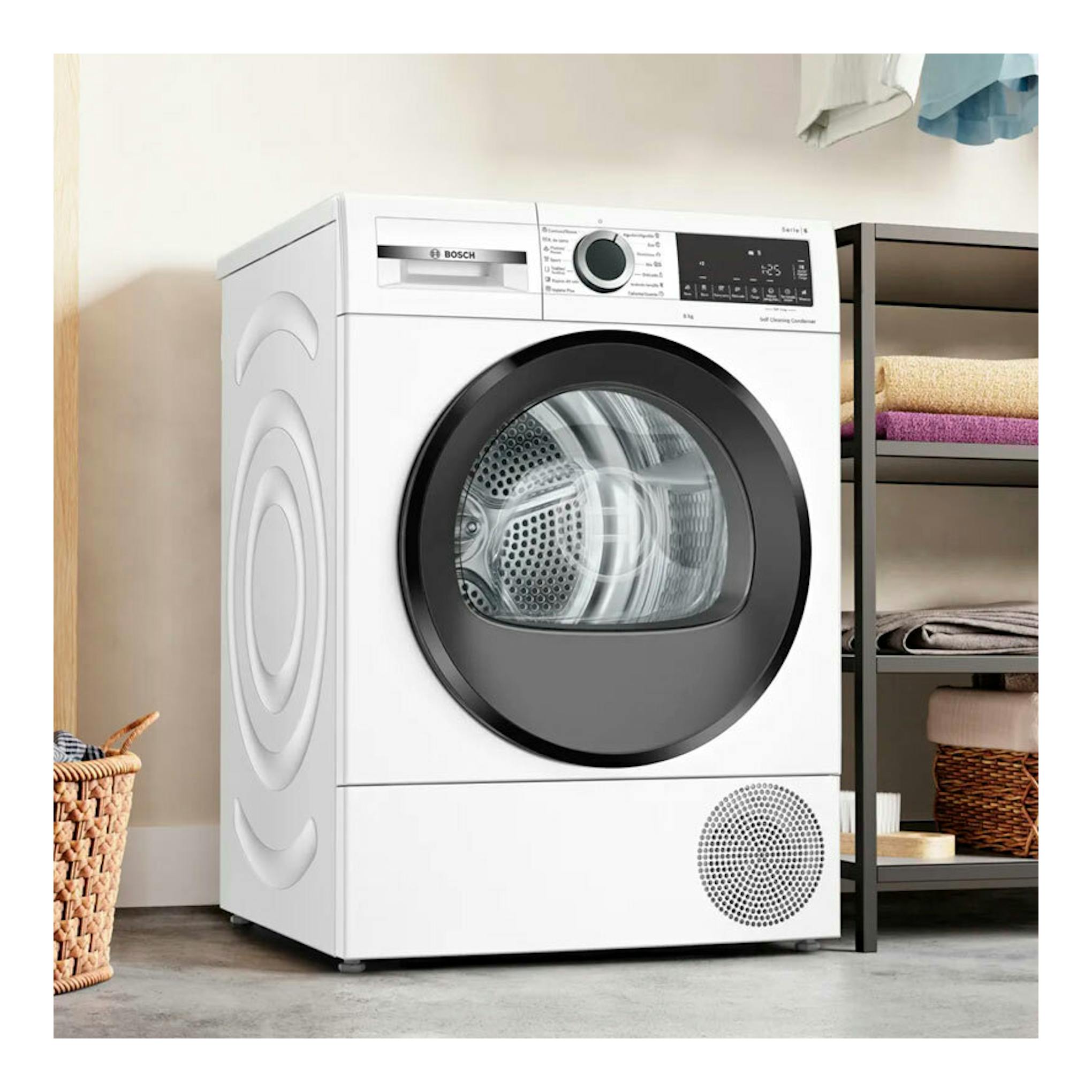 Secadora Bosch WQG235D1ES blanca, vista frontal 3/4, con puerta negra circular y panel superior.