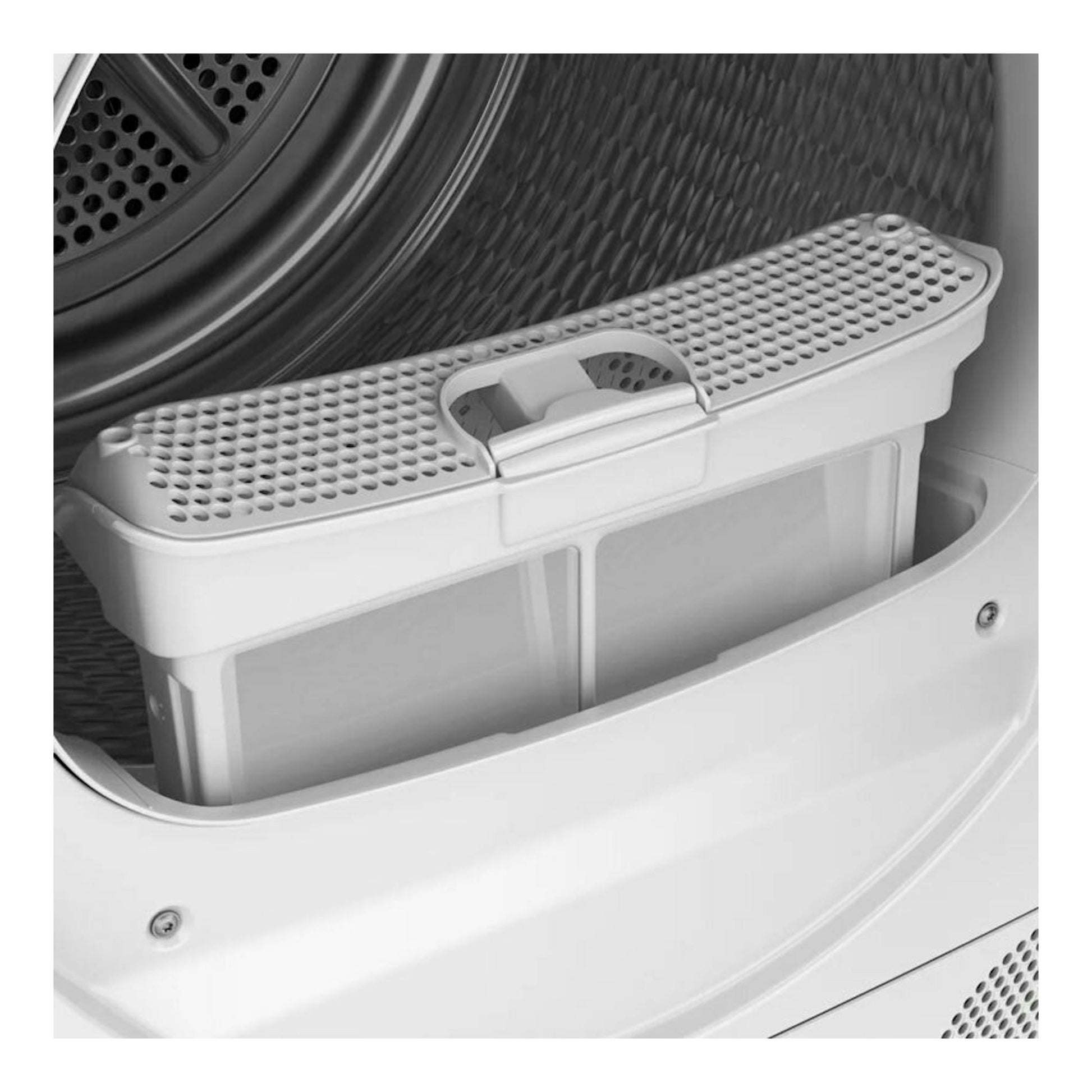 Bosch WQG235D1ES: primer plano del filtro de pelusas blanco dentro del tambor de la secadora.