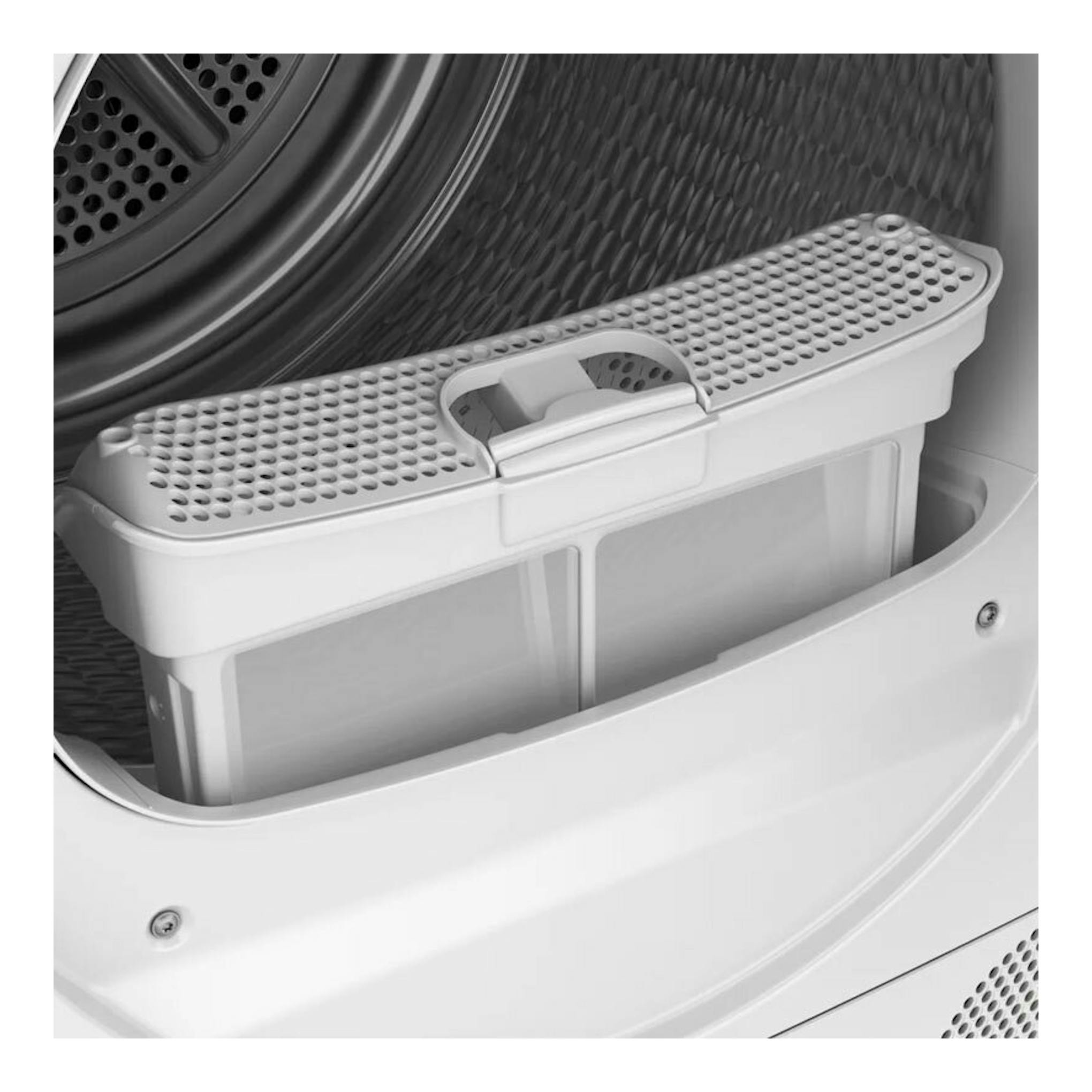 Bosch WQG235D1ES: primer plano del filtro de pelusas blanco dentro del tambor de la secadora.