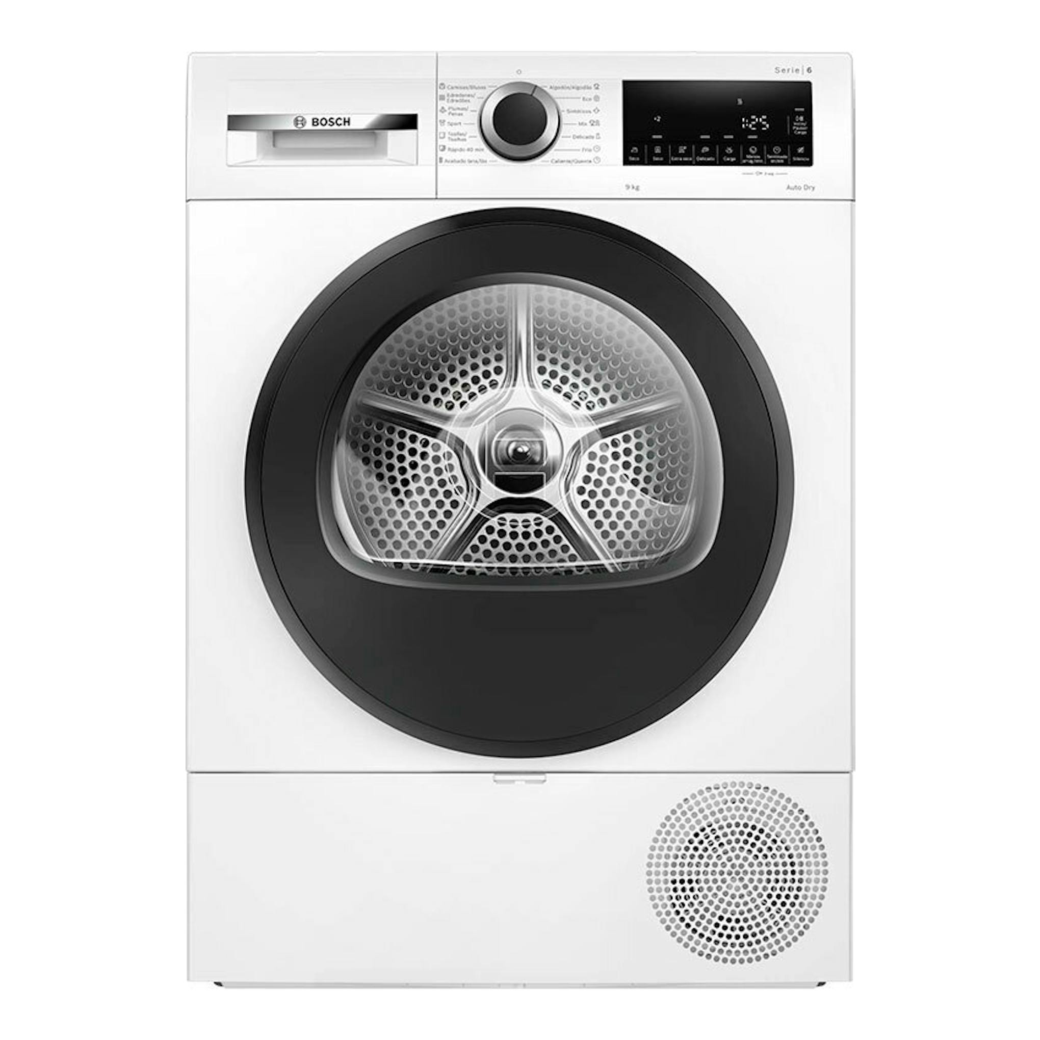 Secadora Bosch WQG24200ES Serie 6, vista frontal, blanca, con puerta circular negra y panel digital superior.