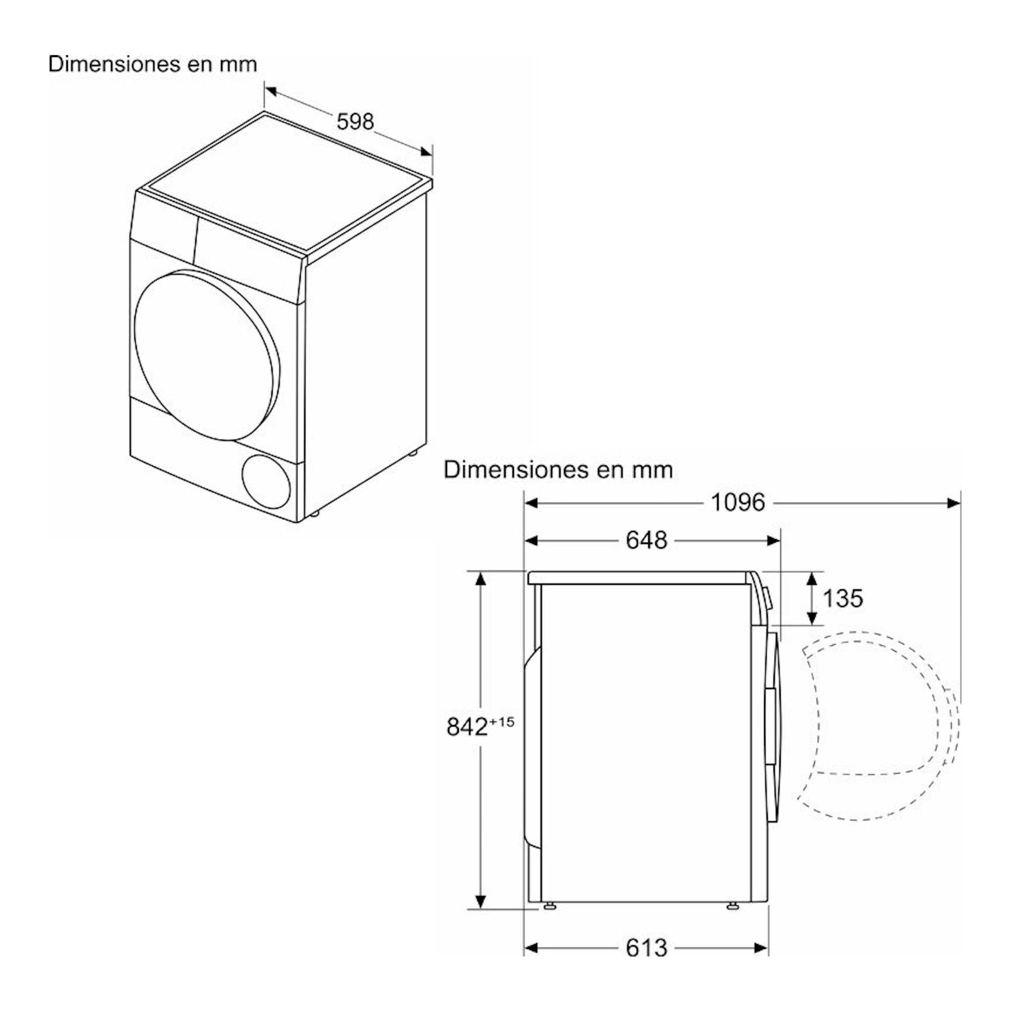 Bosch WQG24200ES: secadora blanca, vista isométrica y lateral con medidas en mm.